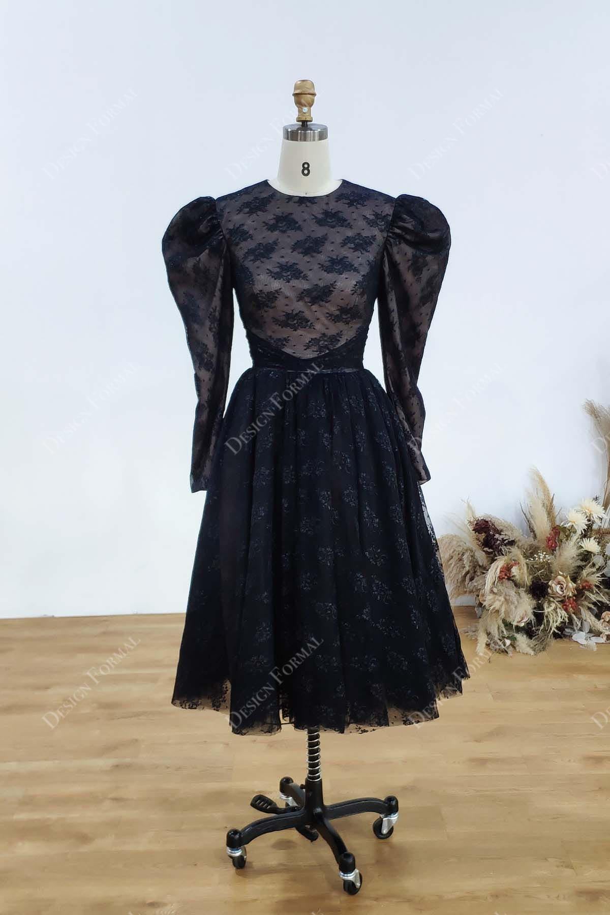 Filipino Sleeves Black Lace Tea Length A-Line Designer Dress, Black Filipino Sleeves Black Lace Tea Length A-Line Designer Dress, Black