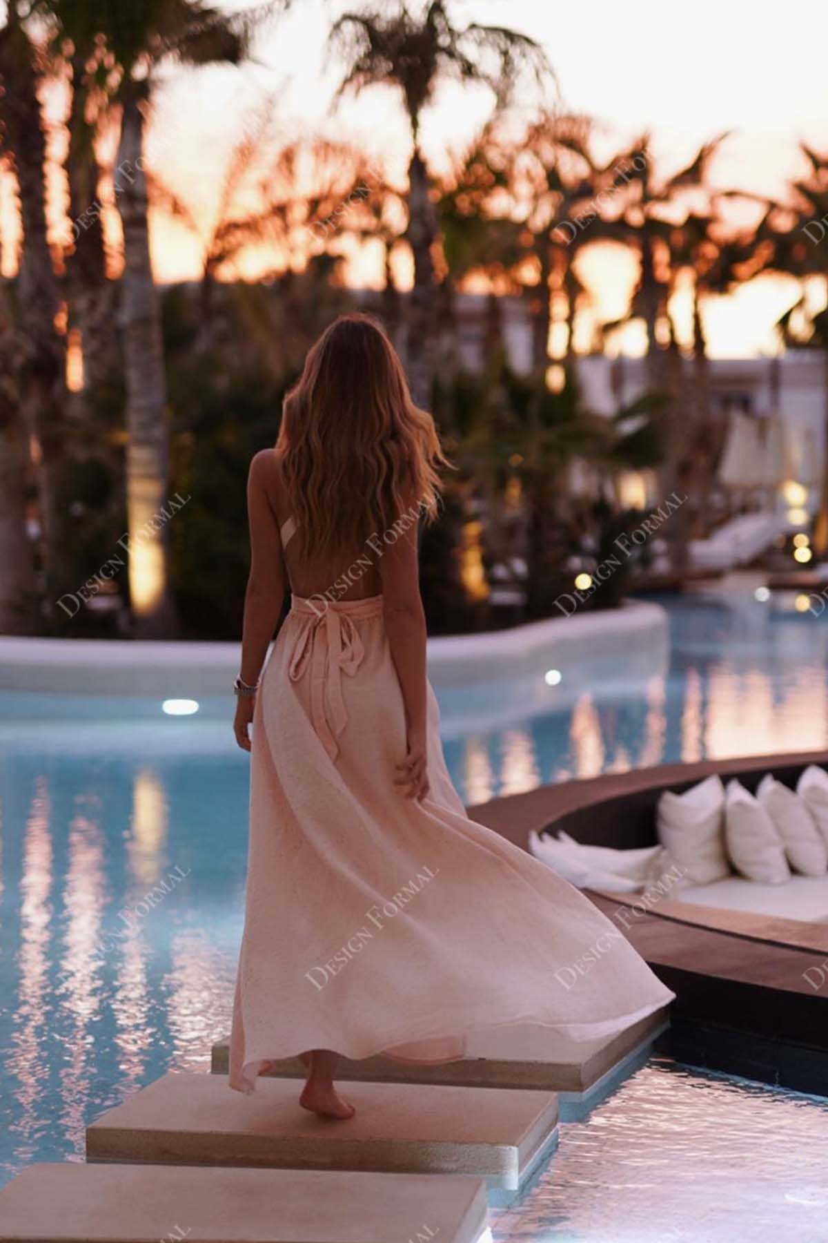 sexy criss cross open back pink chiffon A-lien formal dress