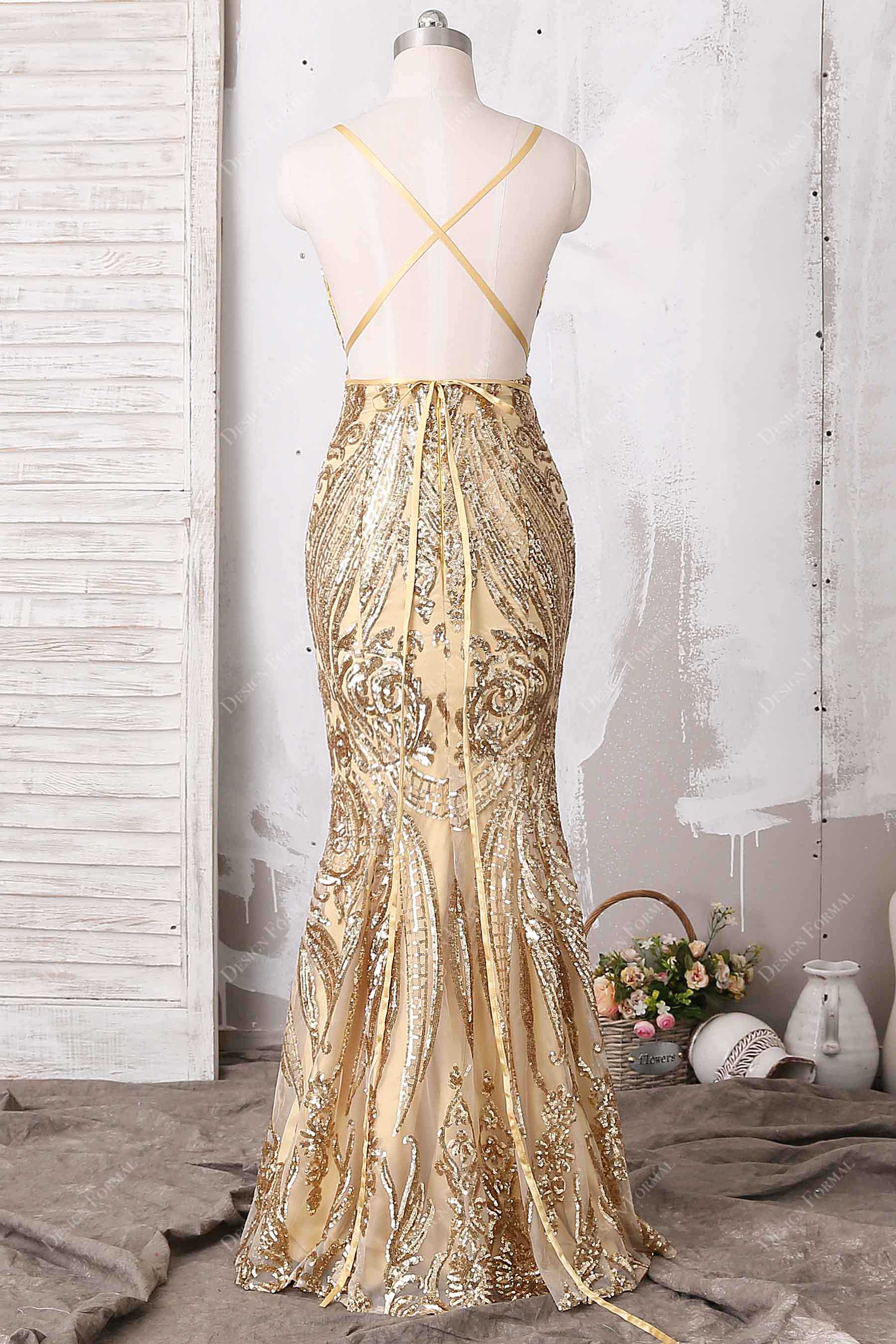criss cross open back floor length dress