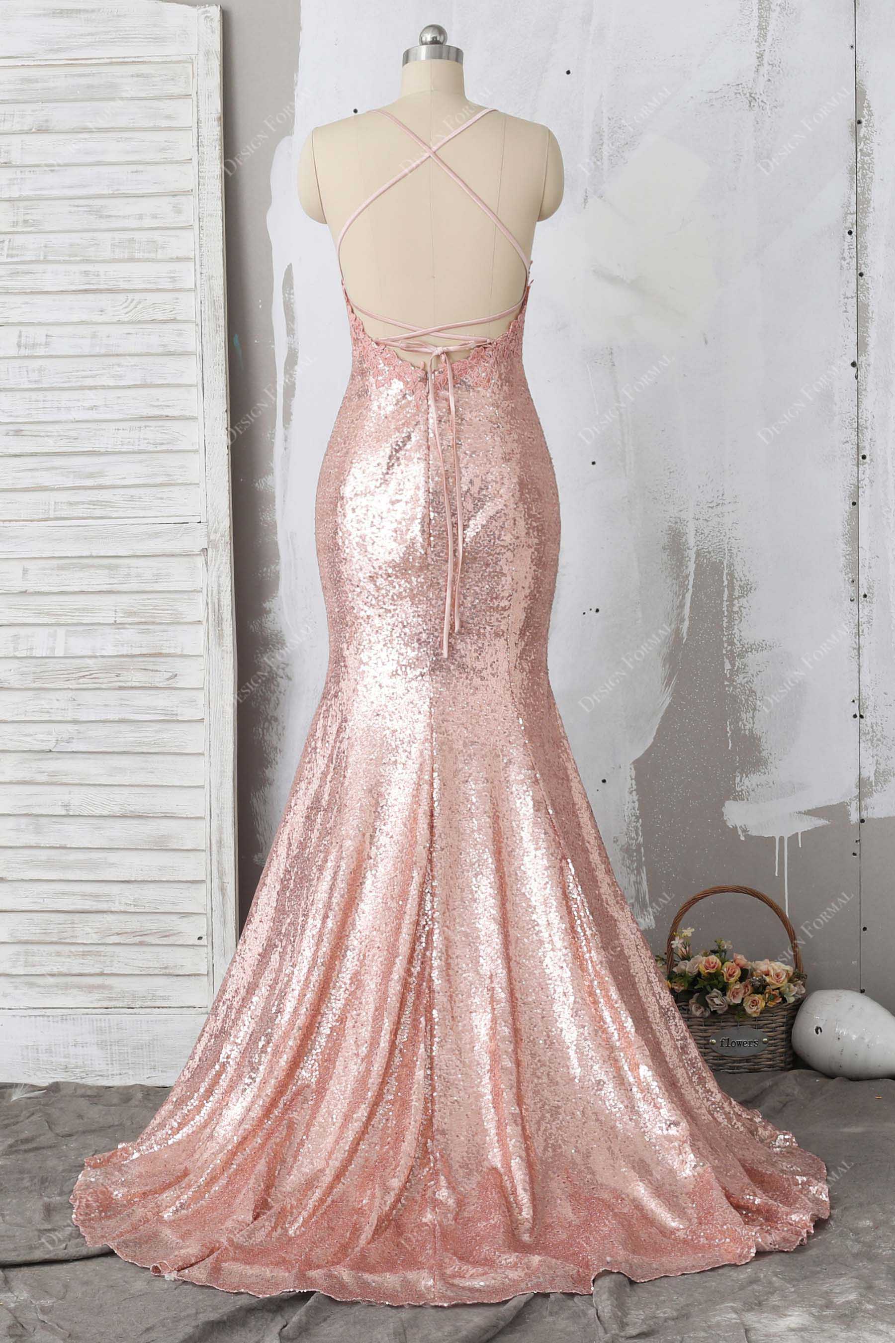criss cross open back mermaid prom dress