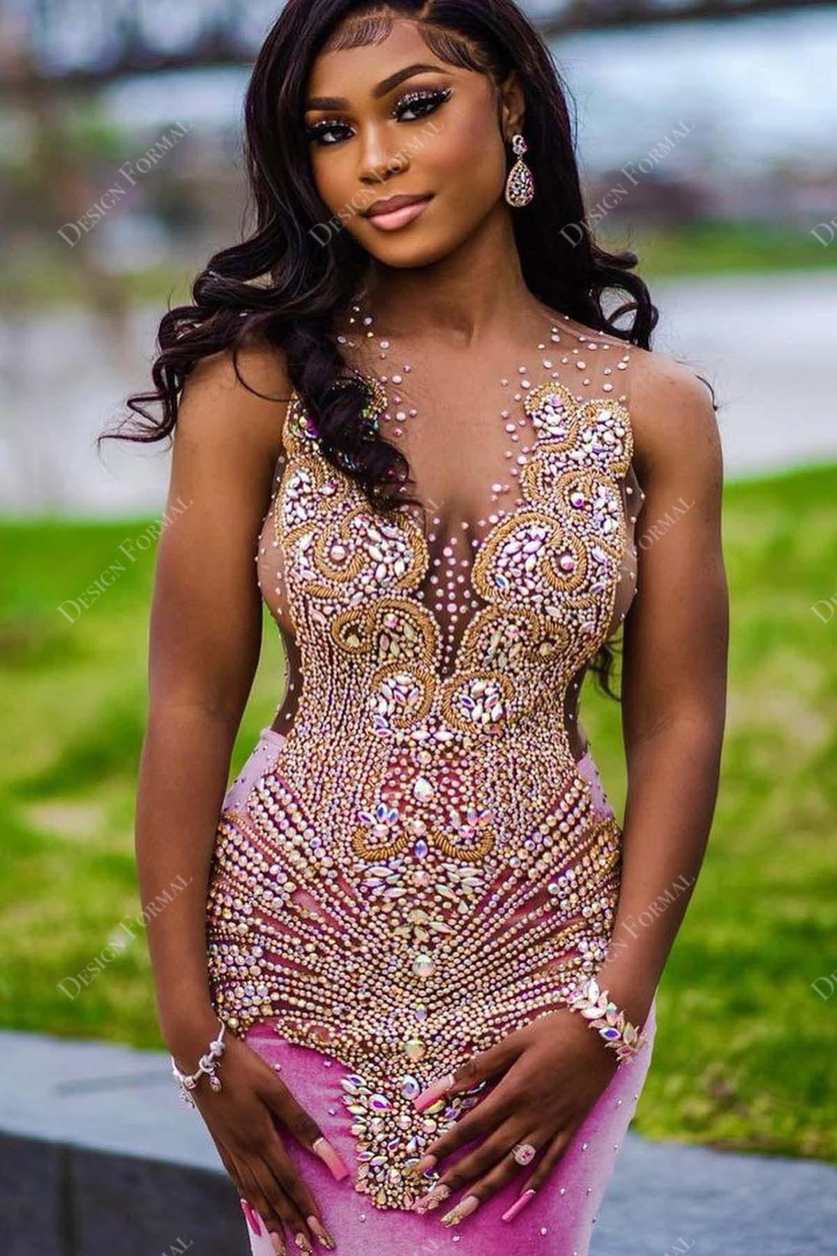 crystals beaded illusion neck bodice pink velvet dress