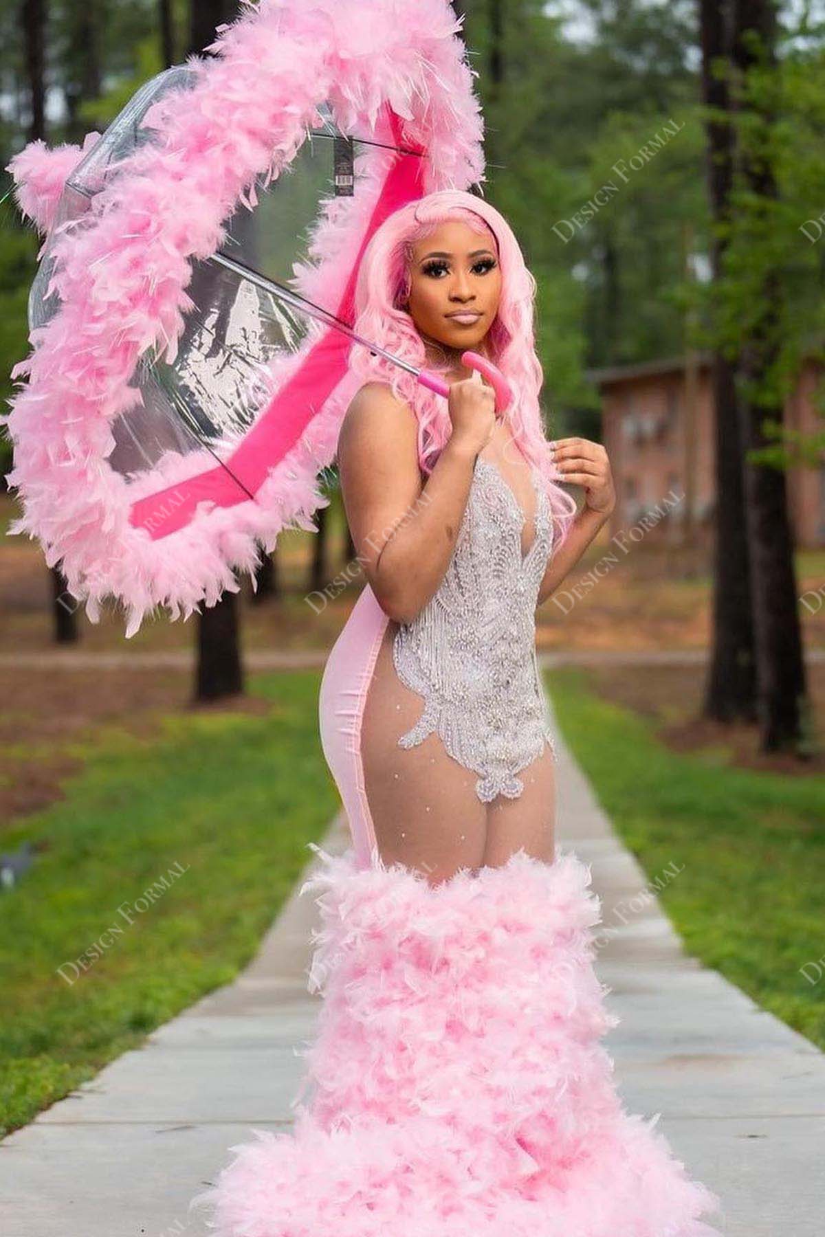 crystals beaded illusion pink feather trumpet prom dress