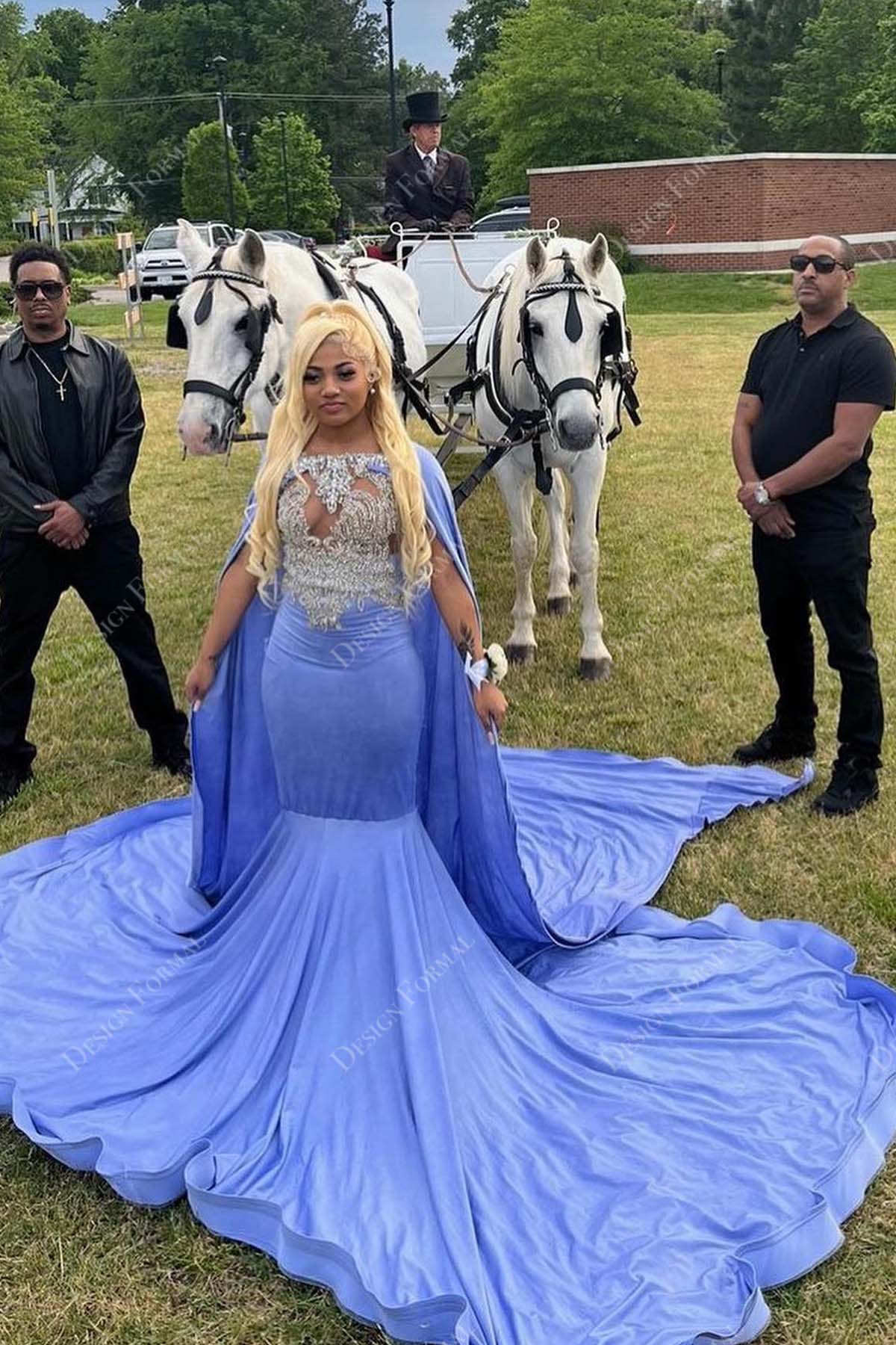 crystals blue mermaid long train prom dress with cape