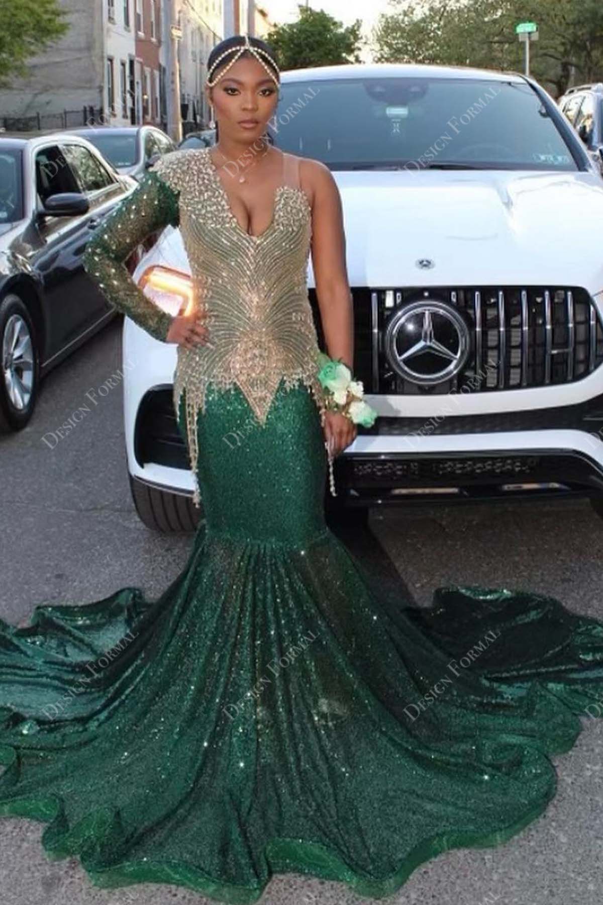 Gold Emerald Sequin Two-Tone Crystals Custom One Sleeve Beaded Mermaid Prom Dress Gold Emerald Sequin Two-Tone Crystals Custom One Sleeve Beaded Mermaid Prom Dress