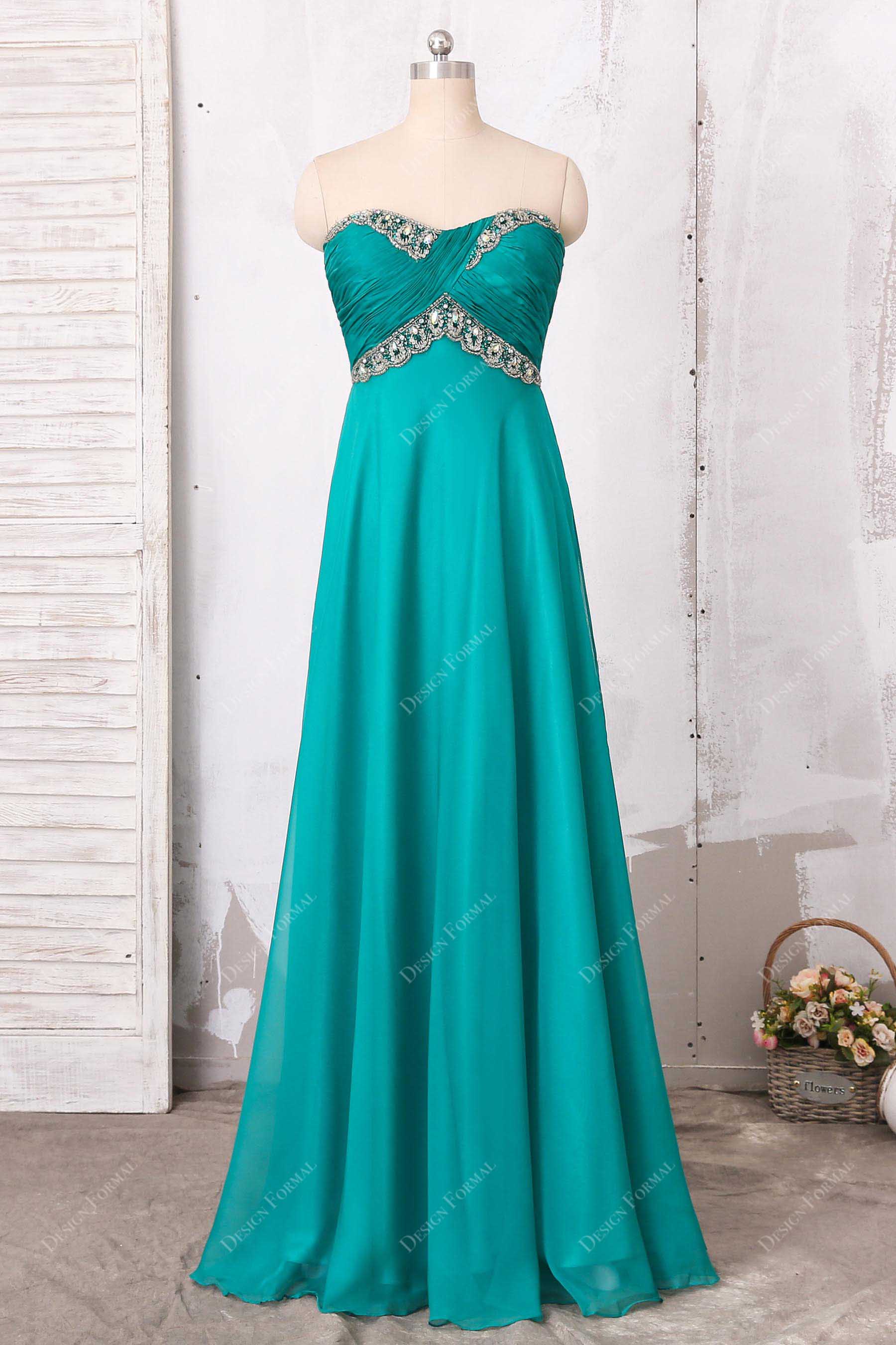crystals empire waist jungle green chiffon bridesmaid dress