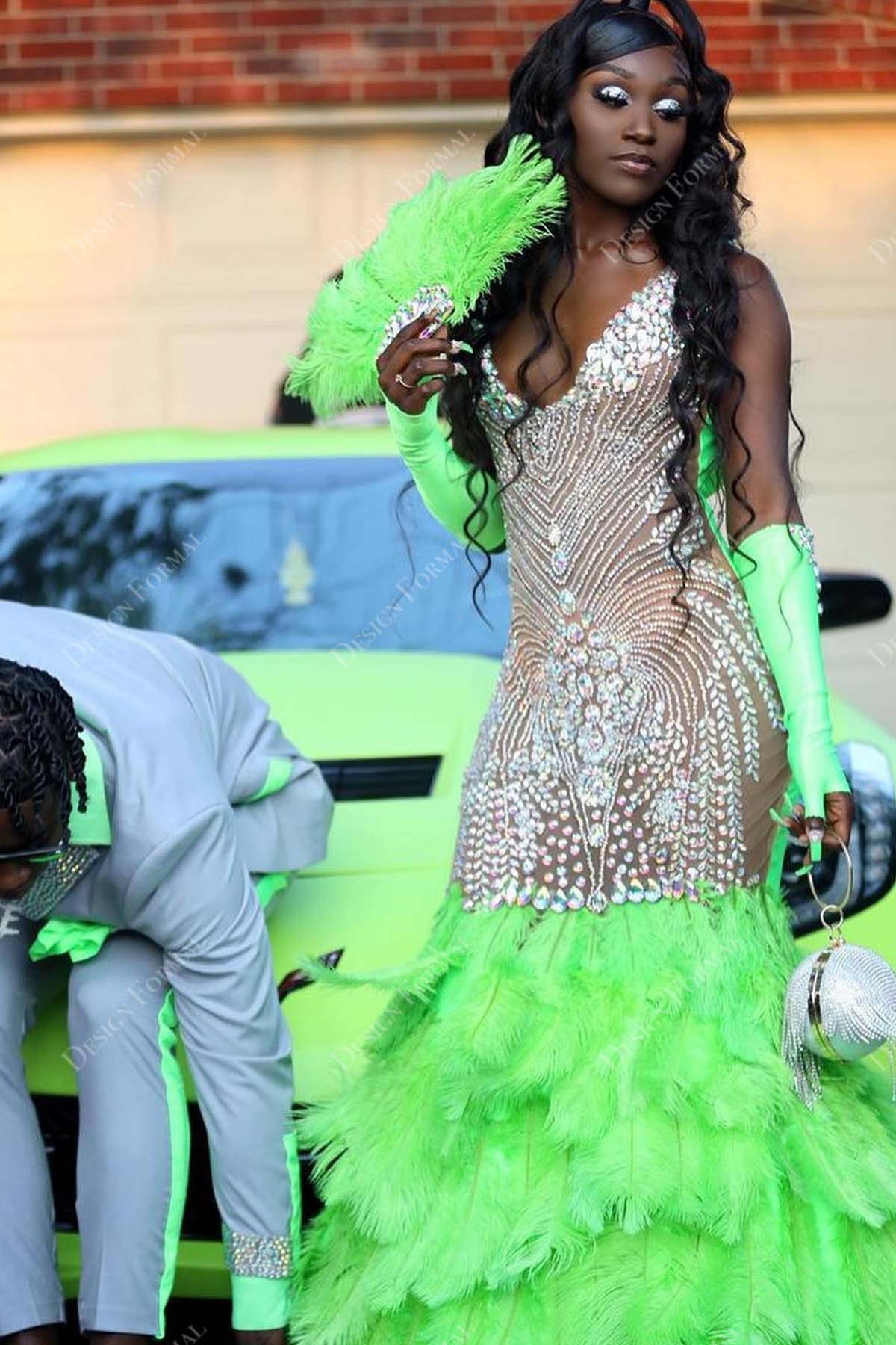 crystals V-neck lime green feathers gloves trumpet prom dress