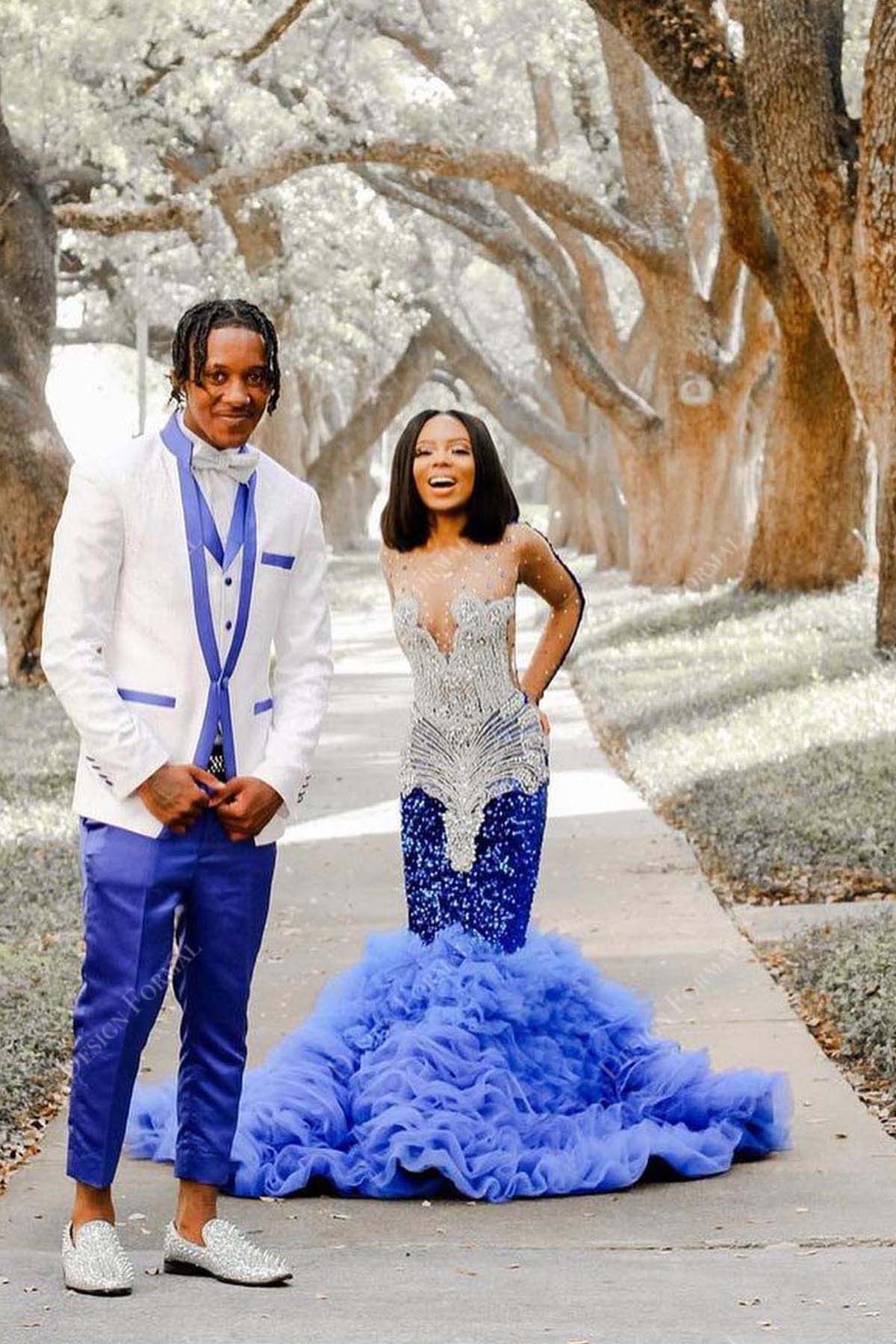 Crystals Illusion Royal Blue Ruffled Handmade Prom Dress Crystals Illusion Royal Blue Ruffled Handmade Prom Dress