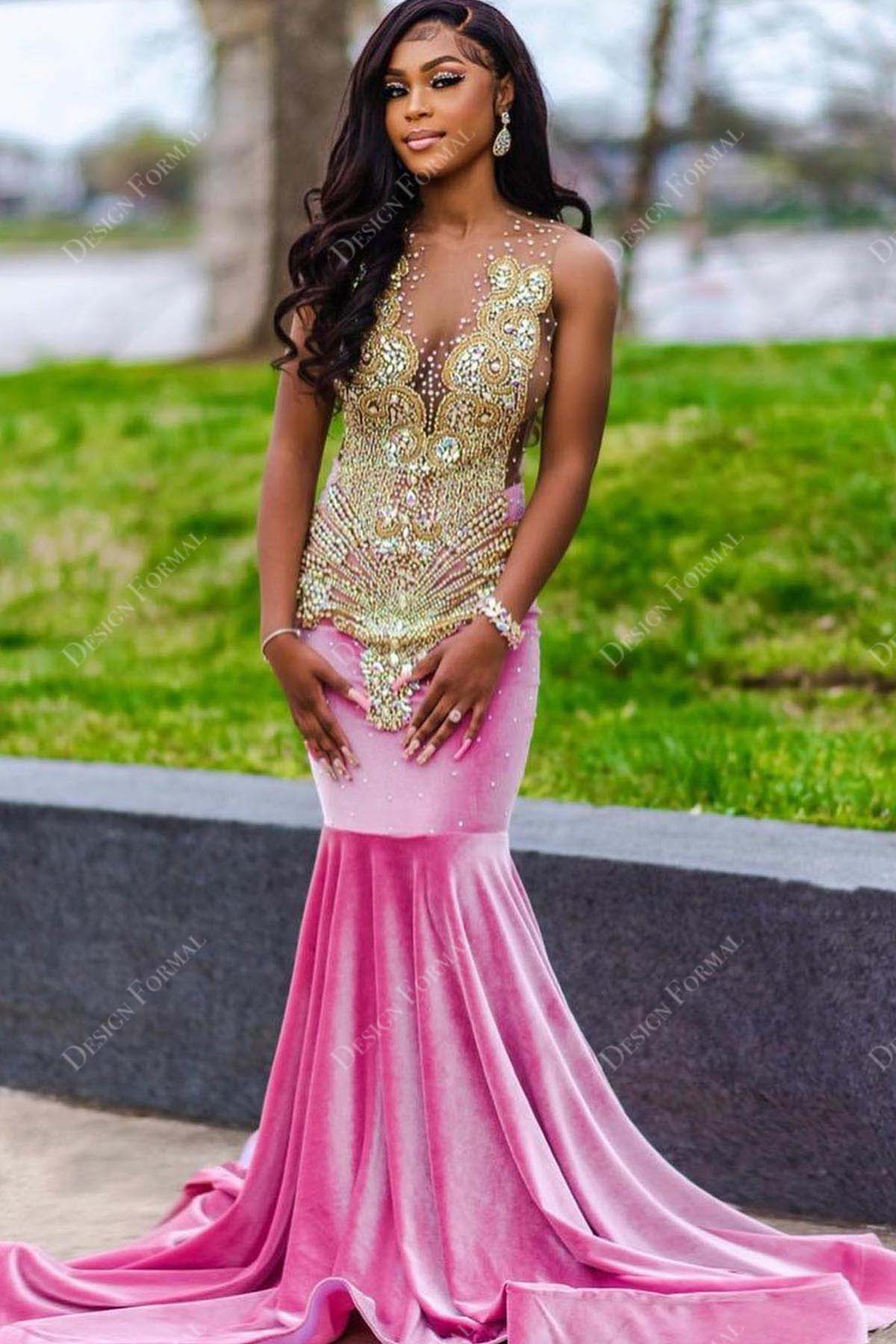 crystals illusion neck pink velvet mermaid long prom dress