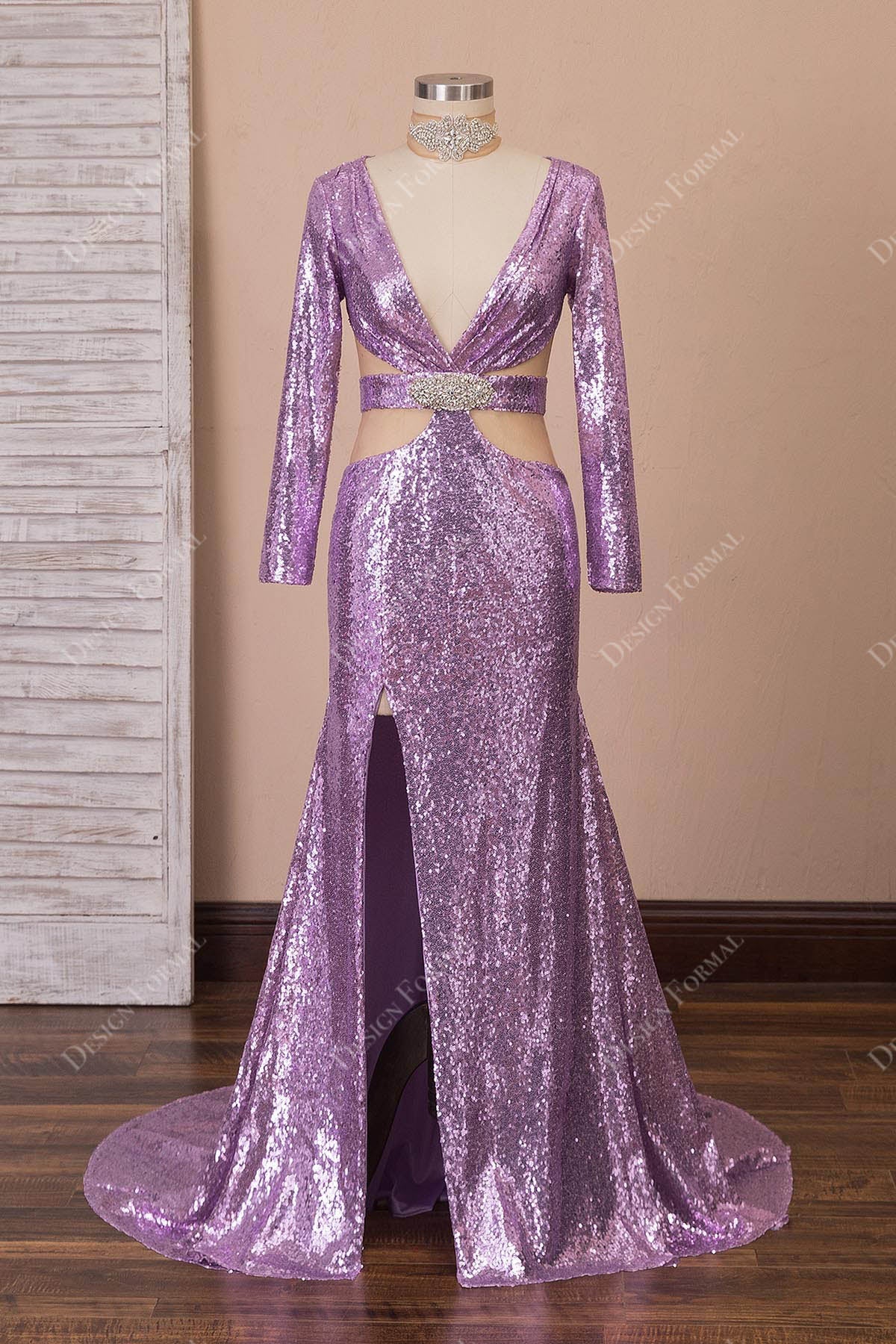 Crystals Lilac Sequin Sexy Plunging Neck Cut Out Slit Mermaid Dress Crystals Lilac Sequin Sexy Plunging Neck Cut Out Slit Mermaid Dress