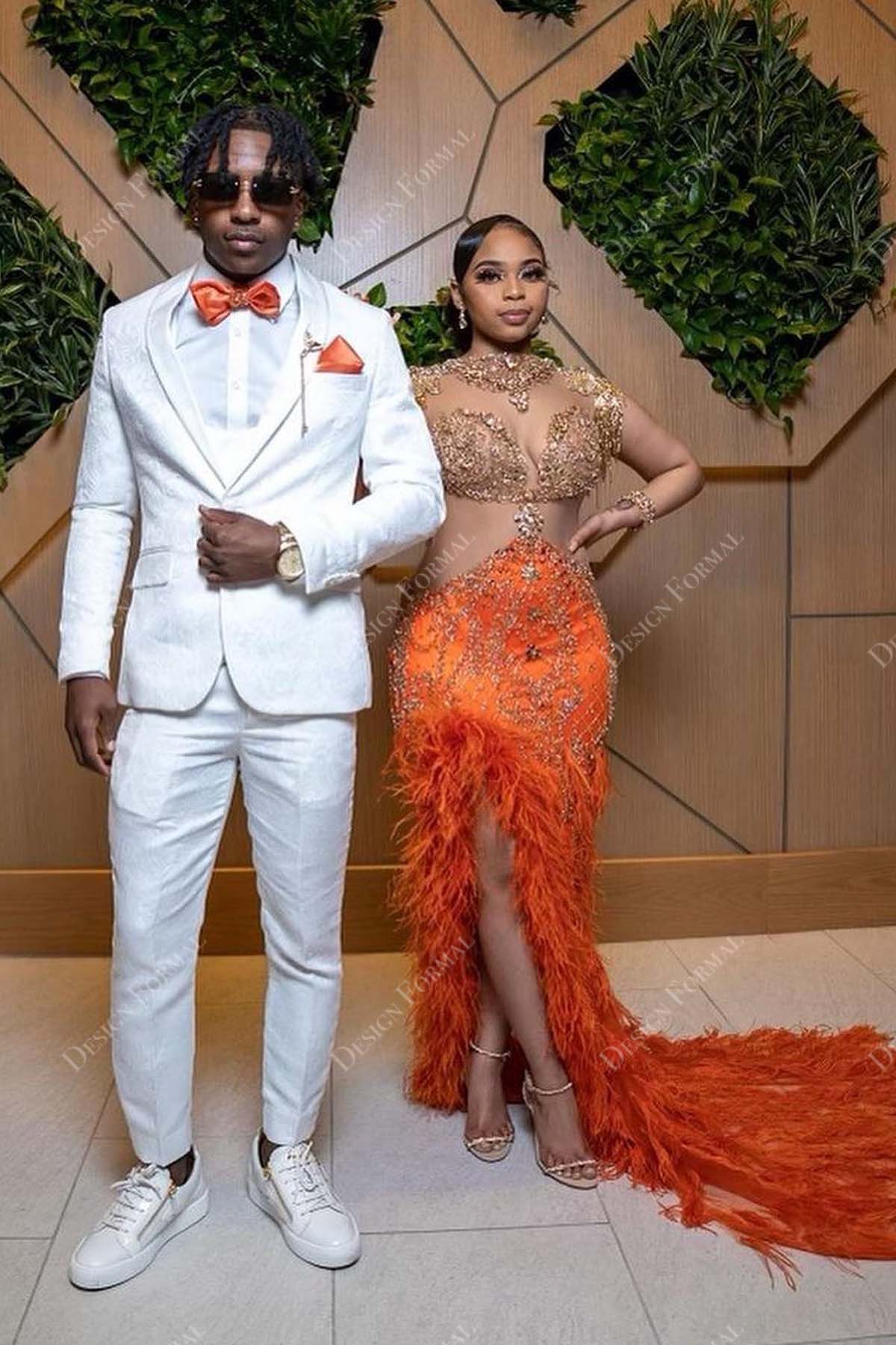 crystals orange sheer slit feather mermaid designer prom dress