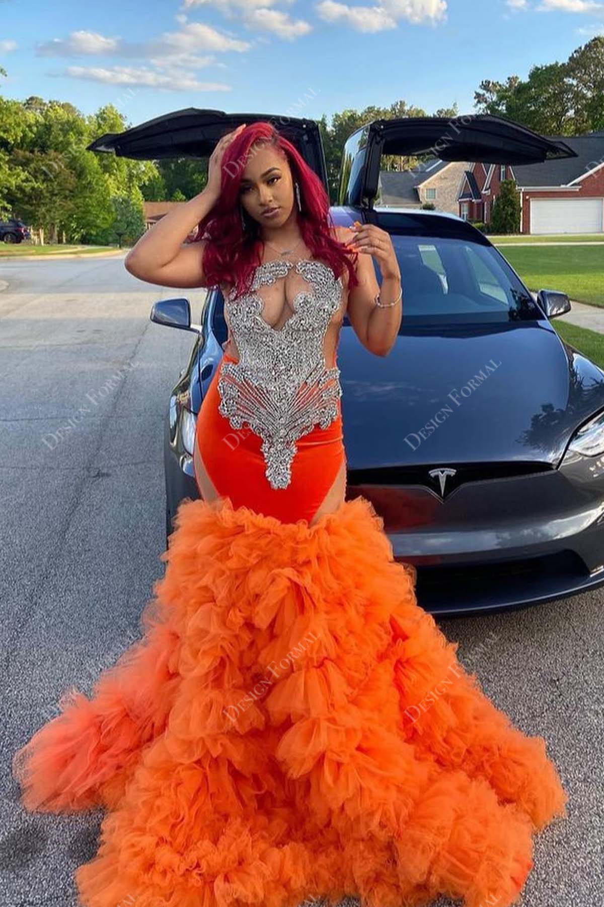 sheer crystals orange ruffled tulle trumpet prom gown