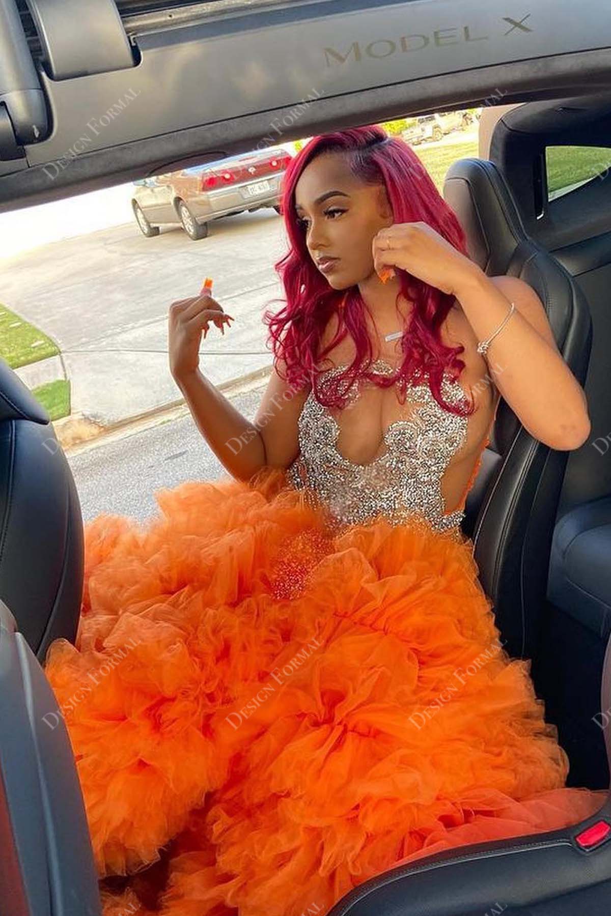 cutout sheer sleeveless orange ruffled tulle prom dress