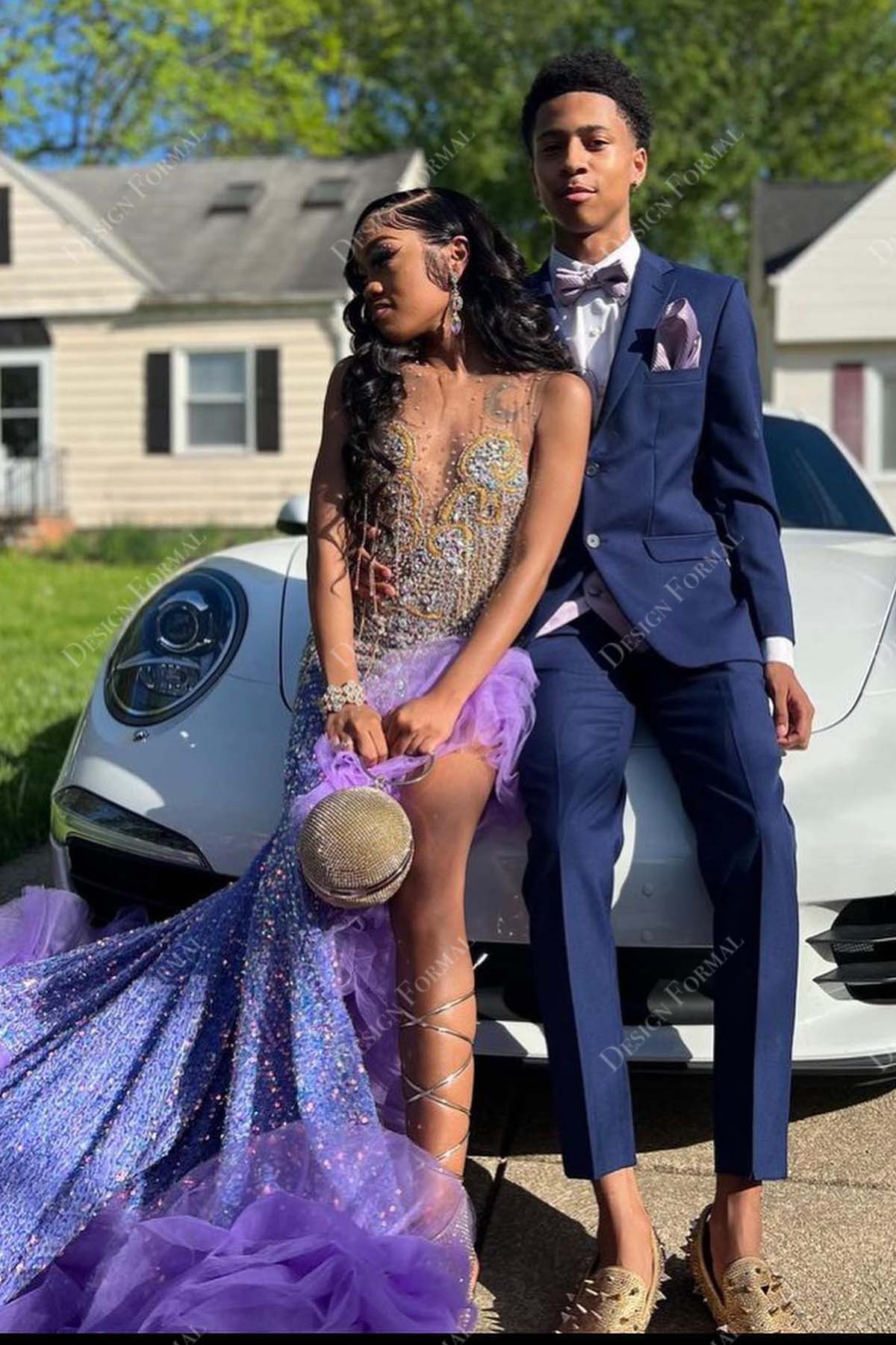 Purple Prom Couple Black And Cream Prom Dress Crystals Purple Sequin Mermaid High Slit Crafted Prom Purple Prom Couple Black And Cream Prom Dress Crystals Purple Sequin Mermaid High Slit Crafted Prom