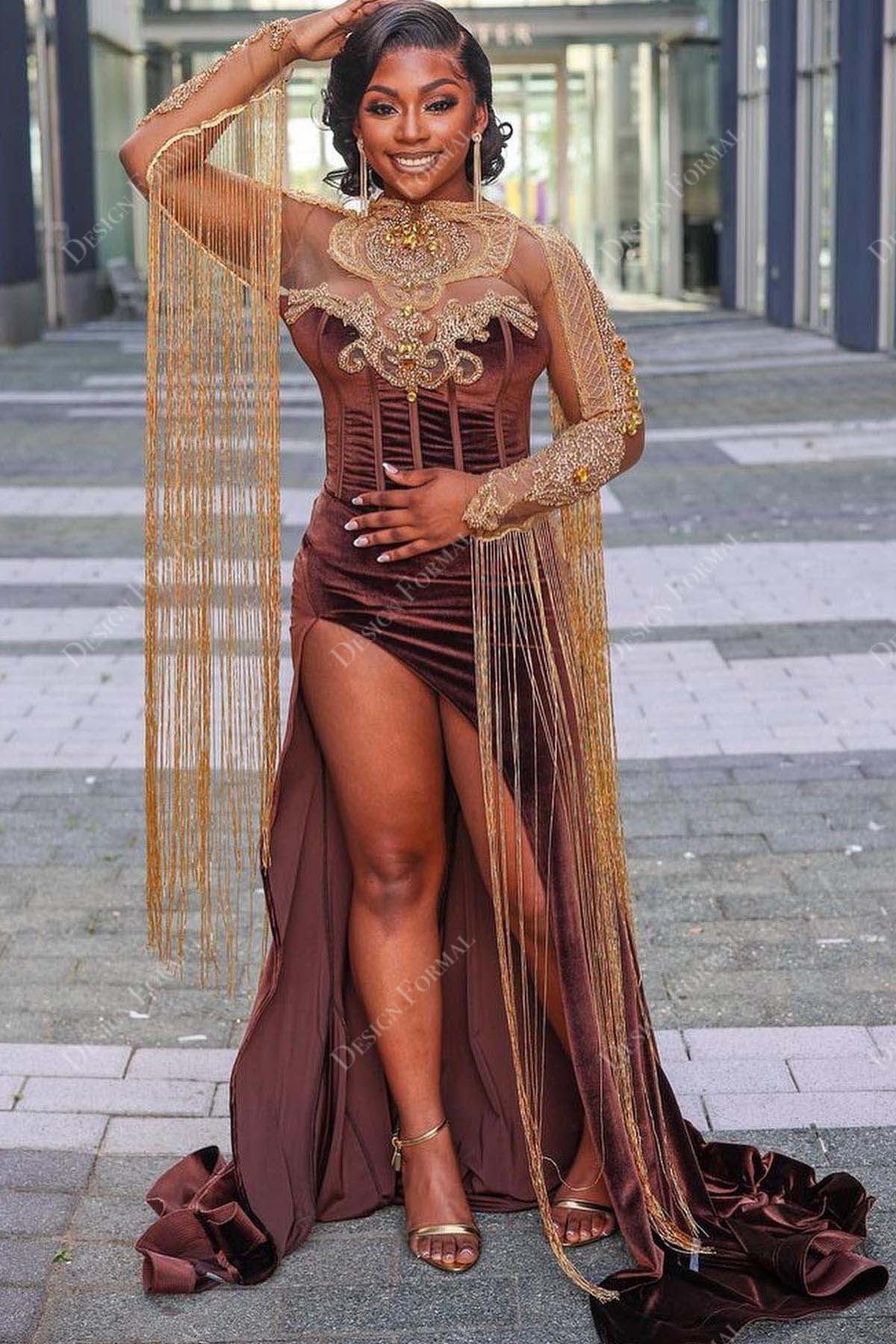 crystals tassels chocolate velvet mermaid high slit prom dress