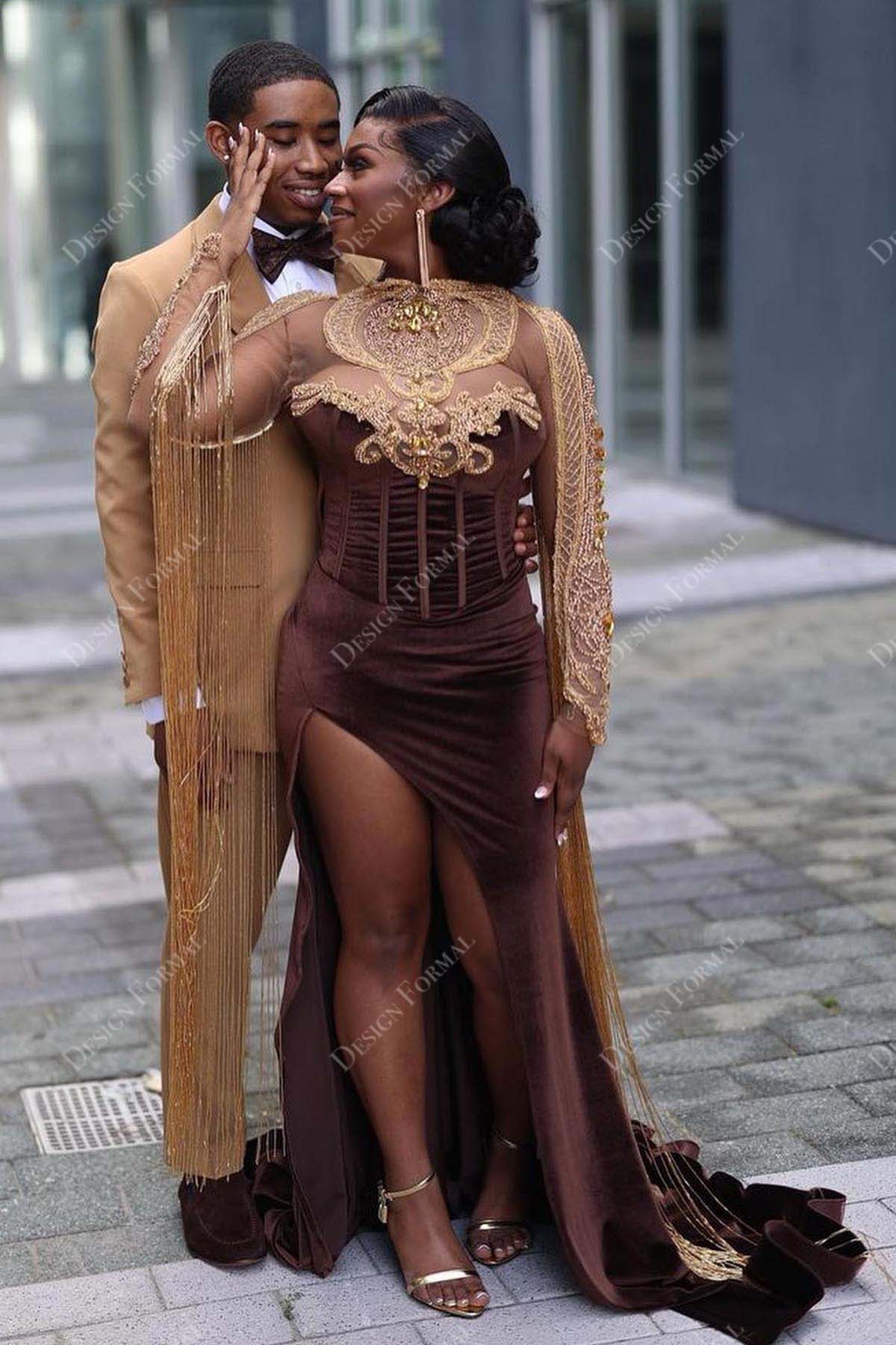 gorgeous crystals tassels illusion chocolate velvet high slit mermaid prom dress