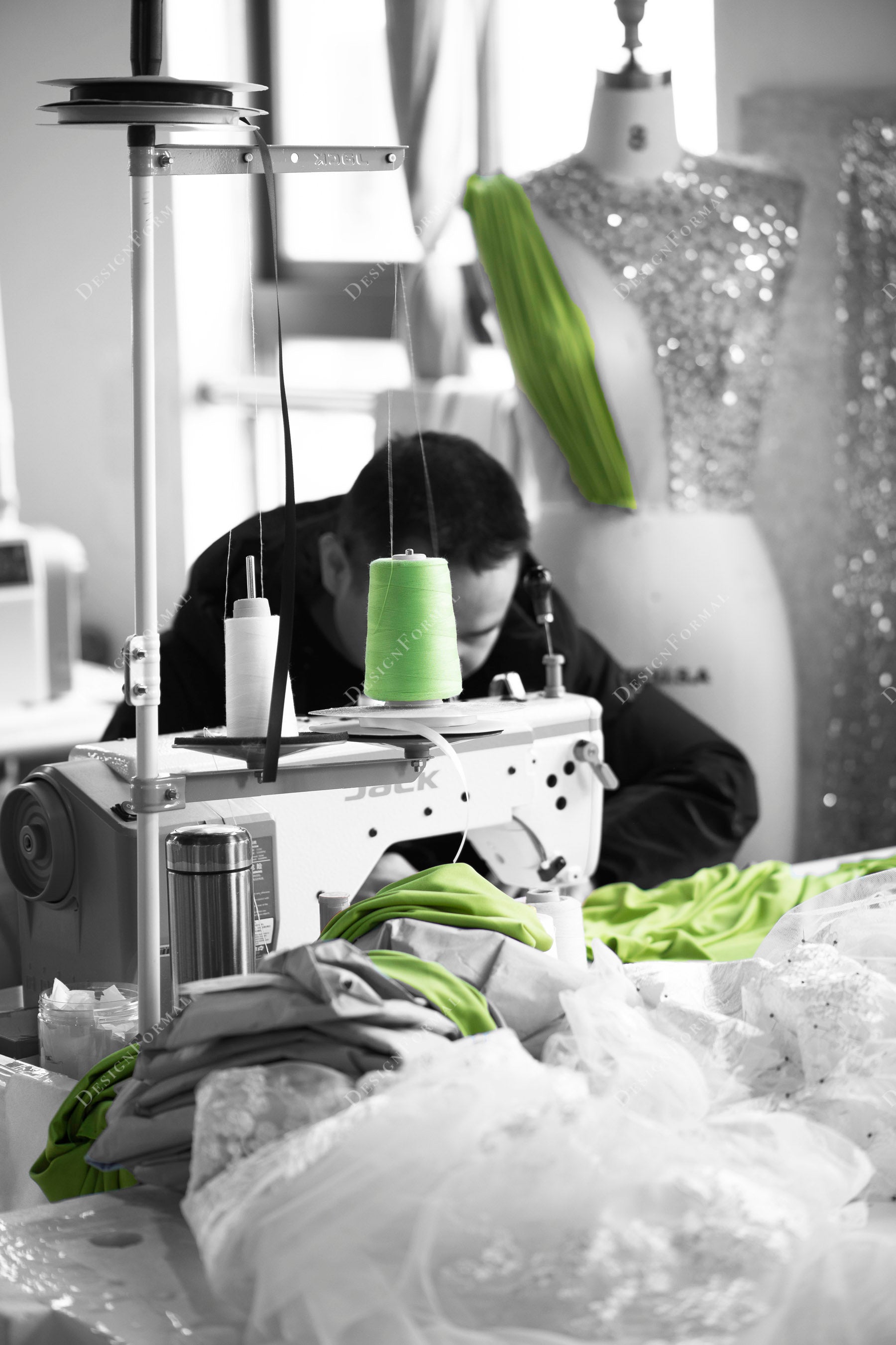 custom Sage Green Beaded Jersey Prom Formal Dress