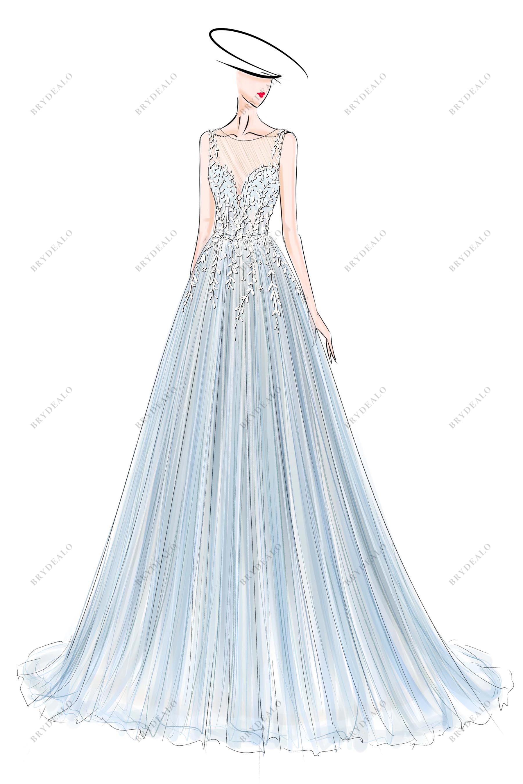 Romantic Blue Custom Lace Tulle A-line Wedding Dress Sketch, A Custom Sketch Romantic Blue Custom Lace Tulle A-line Wedding Dress Sketch, A Custom Sketch