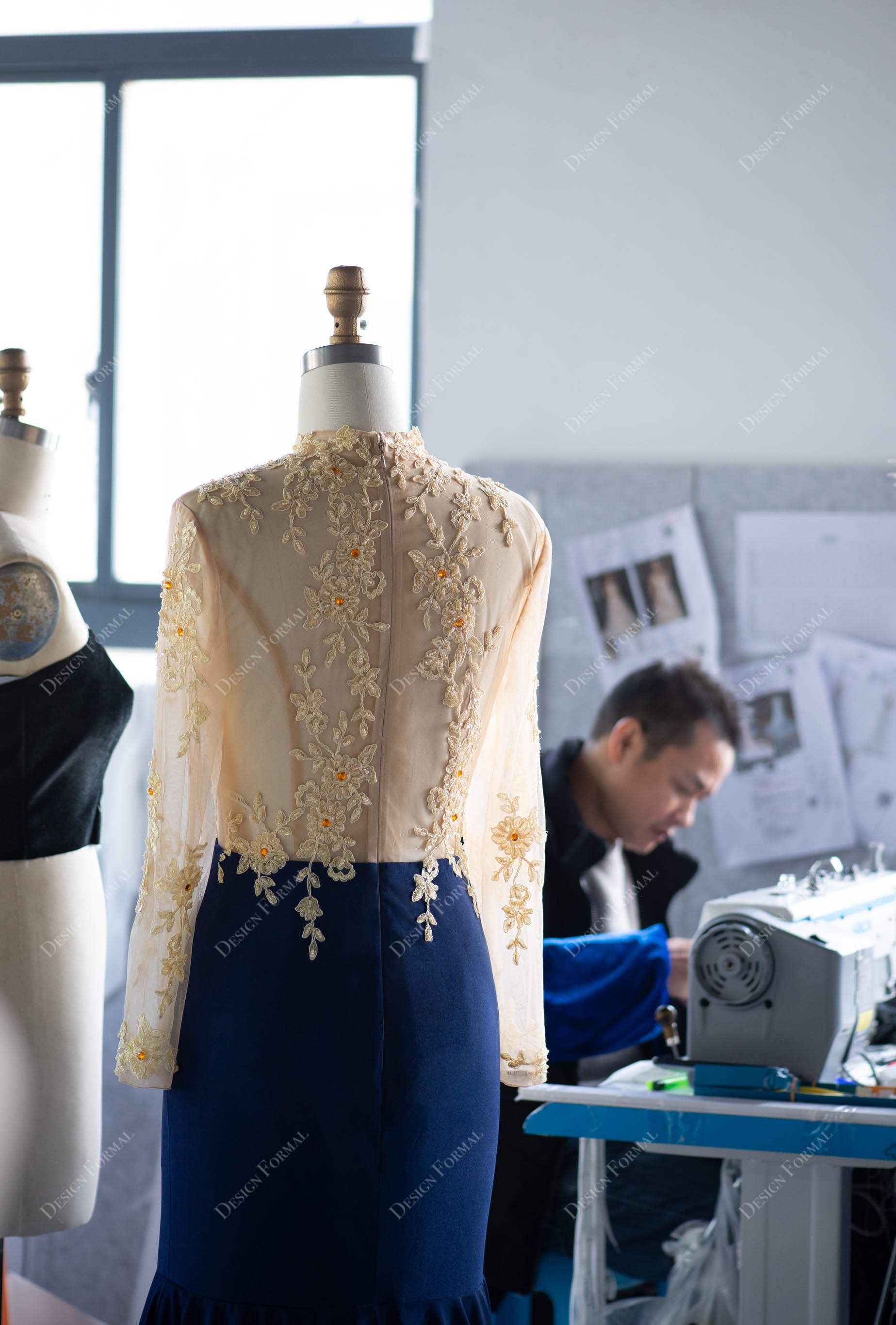 custom gold lace prom dress