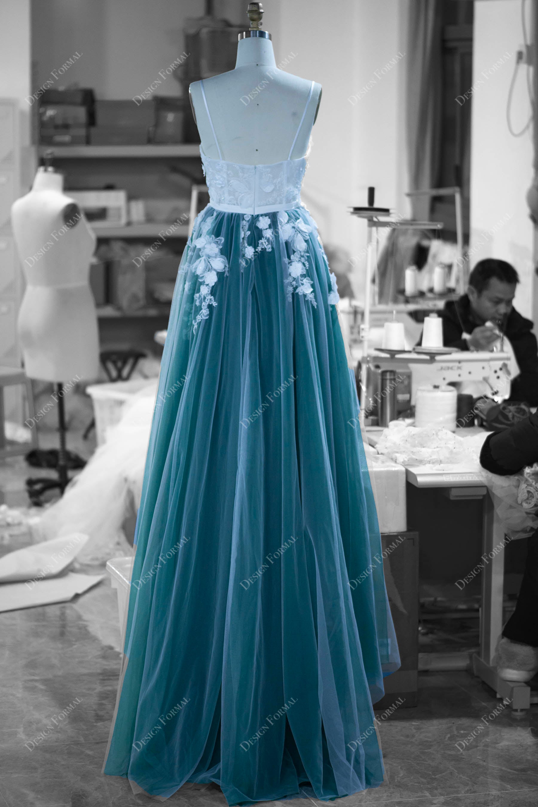 custom green A-line bridal gown