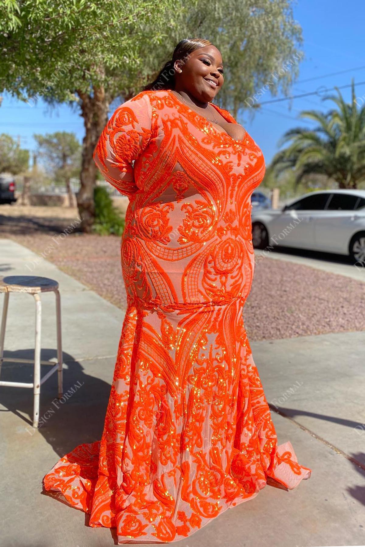 custom trumpet sequin orange plunging prom gown