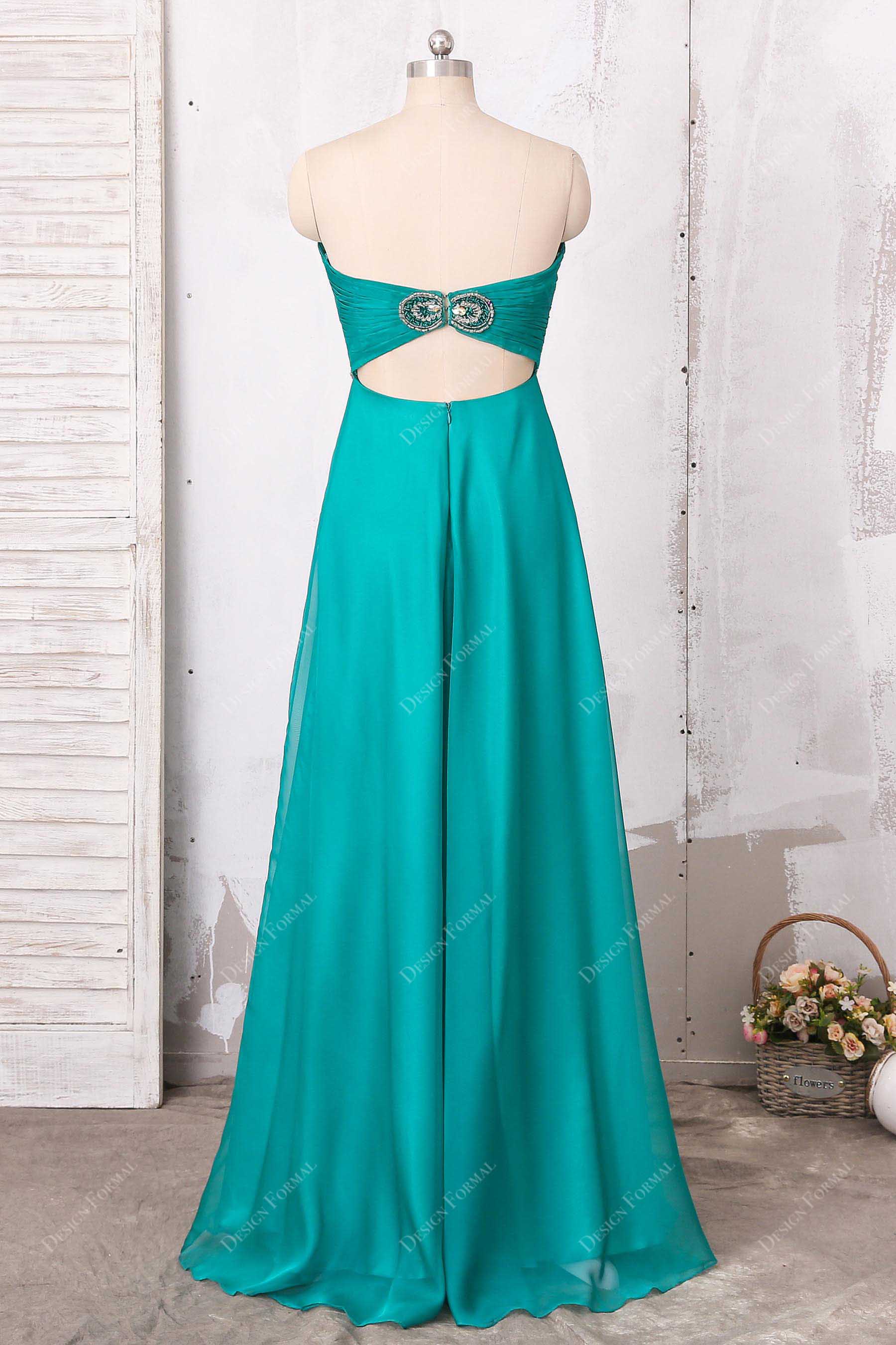 cut-out back crystals green chiffon bridesmaid dress
