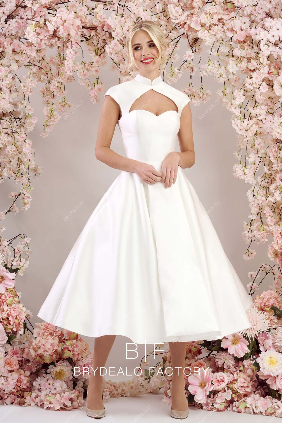 puffy wedding dresses Vintage Keyhole Neck Satin Classic Puffy Tea Length Wedding Gown, White