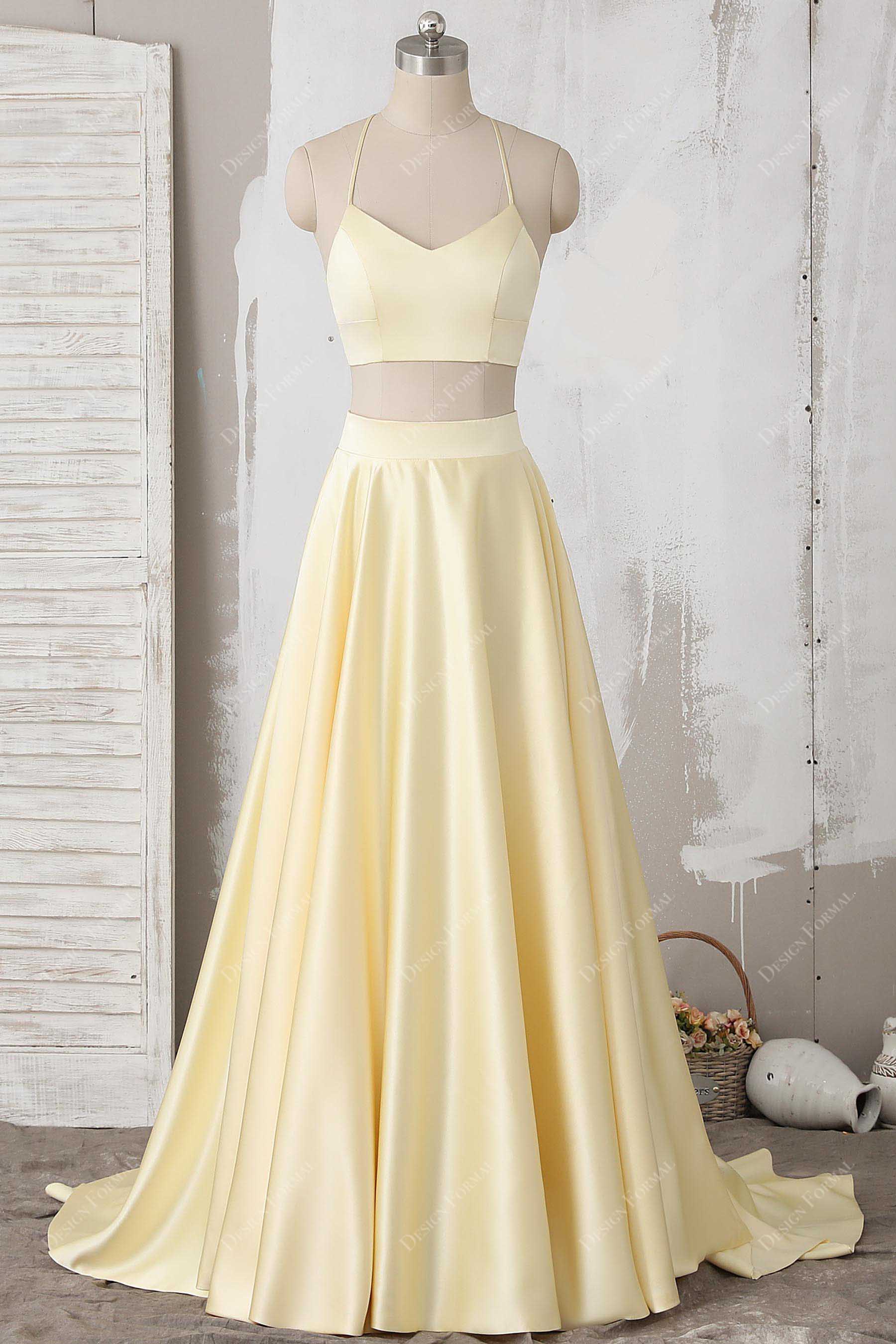Two-Piece Yellow Satin Halter V-neck Illusion Back Prom Dress Two-Piece Yellow Satin Halter V-neck Illusion Back Prom Dress