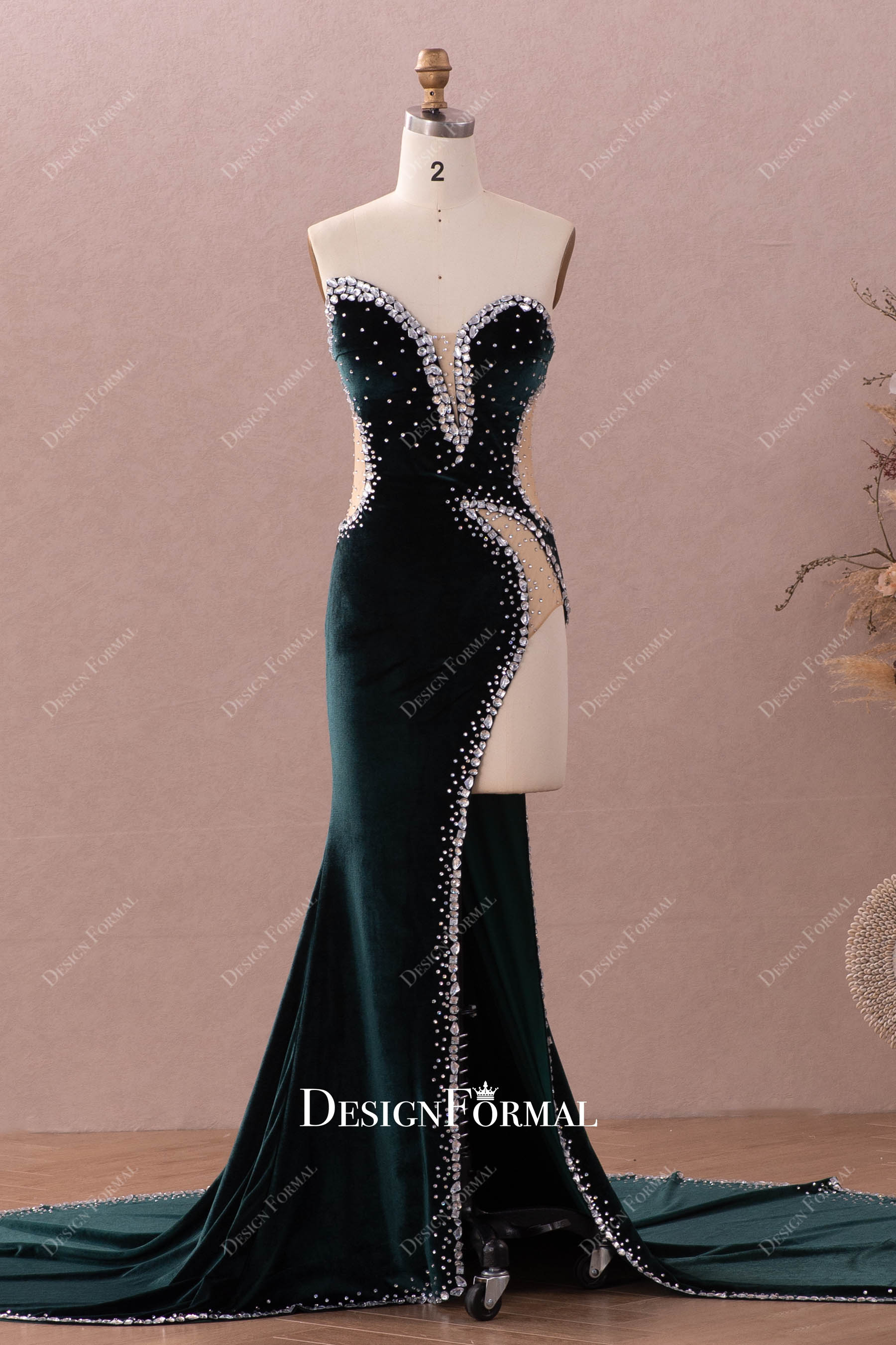 Sparkly Rhinestone Sexy Slit Dark Green Velvet Long Mermaid Prom Dress Sparkly Rhinestone Sexy Slit Dark Green Velvet Long Mermaid Prom Dress