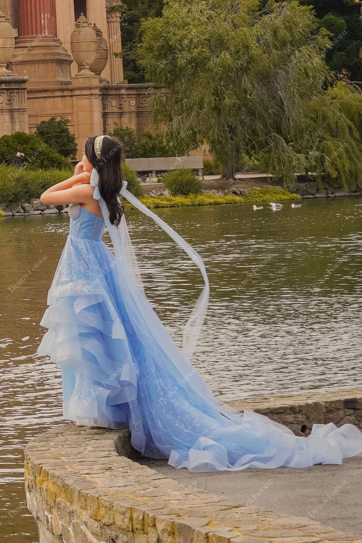 design formal blue A-line shoulder streamers formal dress