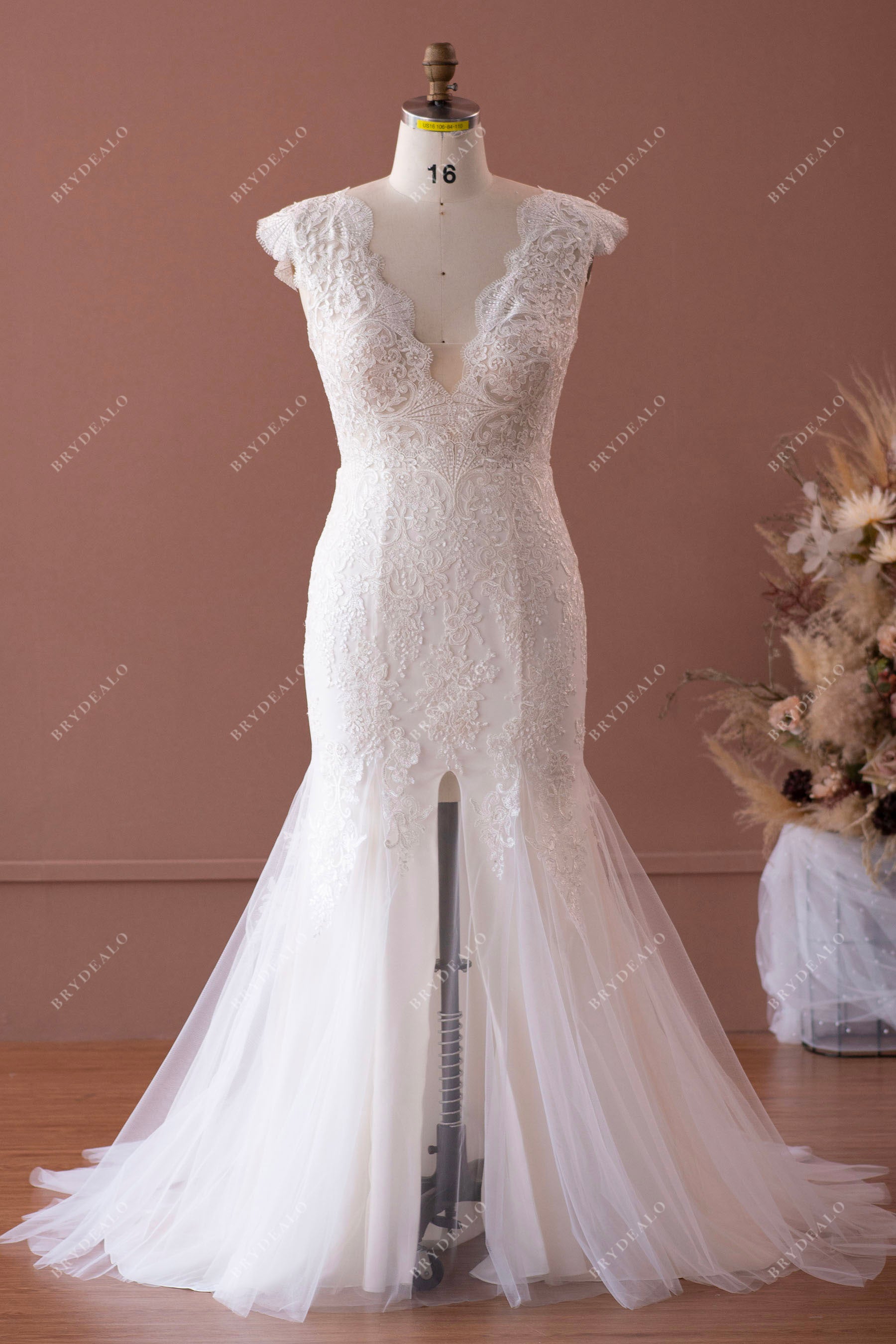 Designer Plus Size Lace V-Neck Slit Trumpet Destination Bridal Gown