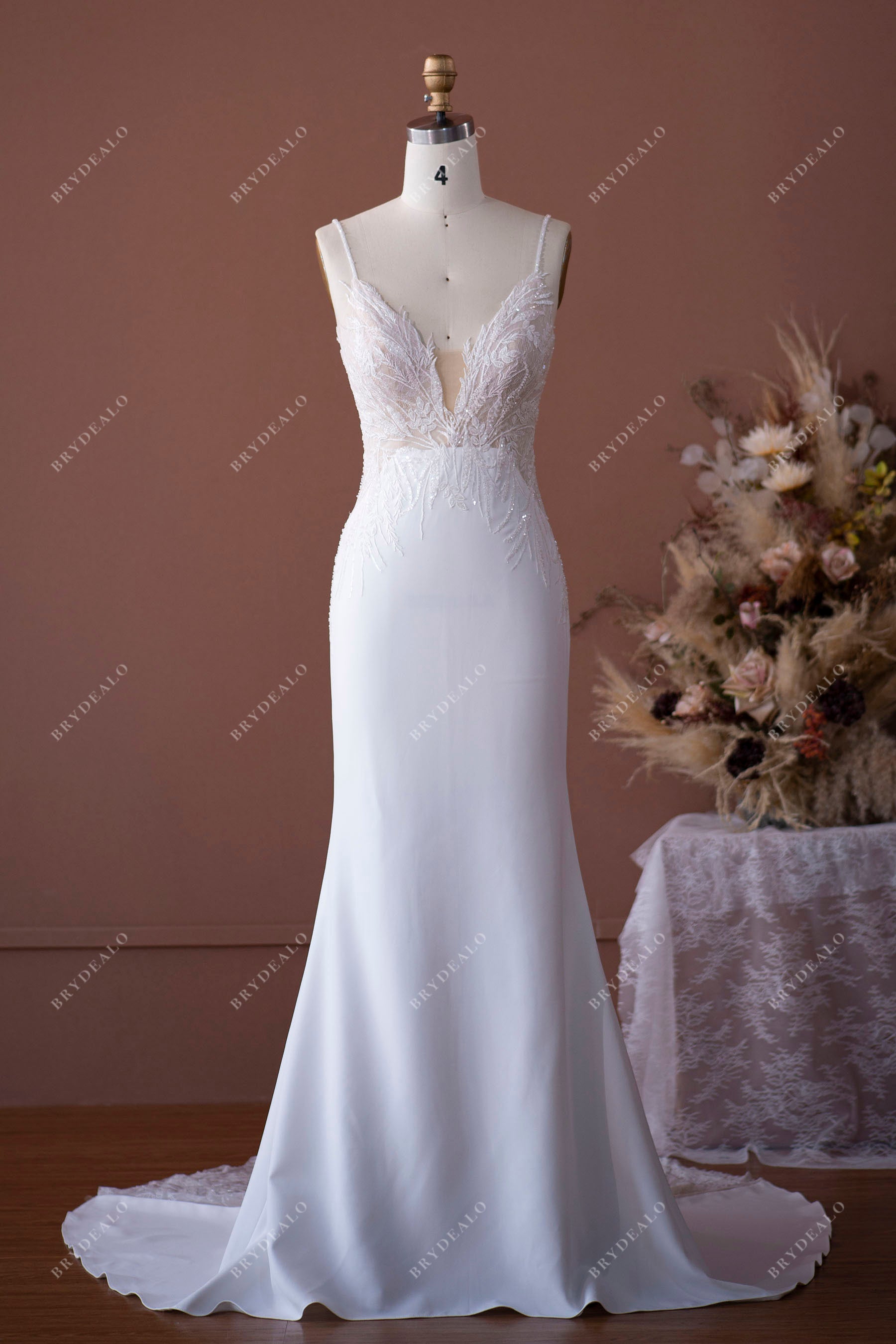 Wild Beaded Lace Plunge Mermaid Crepe Spring Fall Wedding Dress Wild Beaded Lace Plunge Mermaid Crepe Spring Fall Wedding Dress