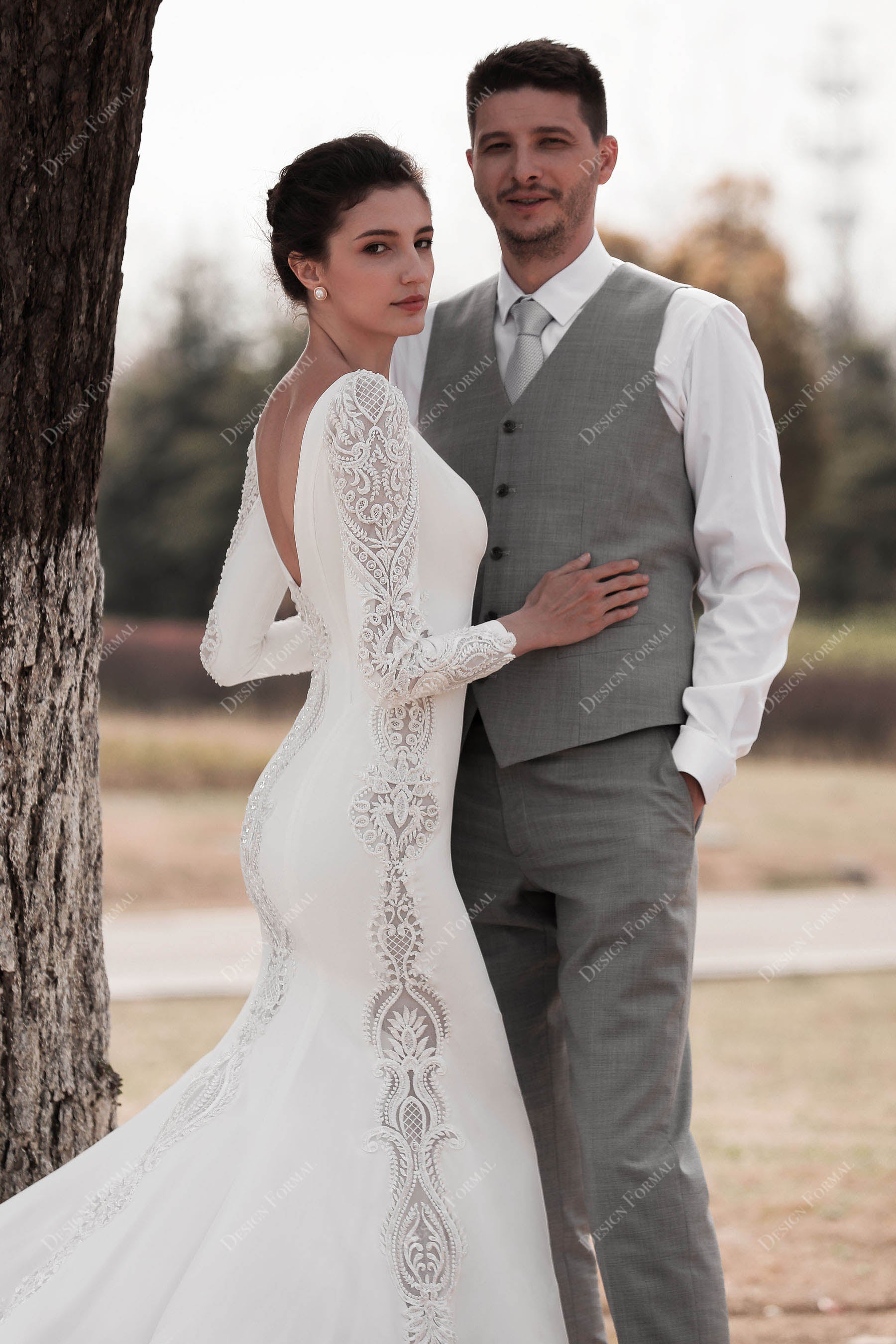 Beaded Lace Sleeves Elegant Crepe Mermaid Bridal Gown Beaded Lace Sleeves Elegant Crepe Mermaid Bridal Gown