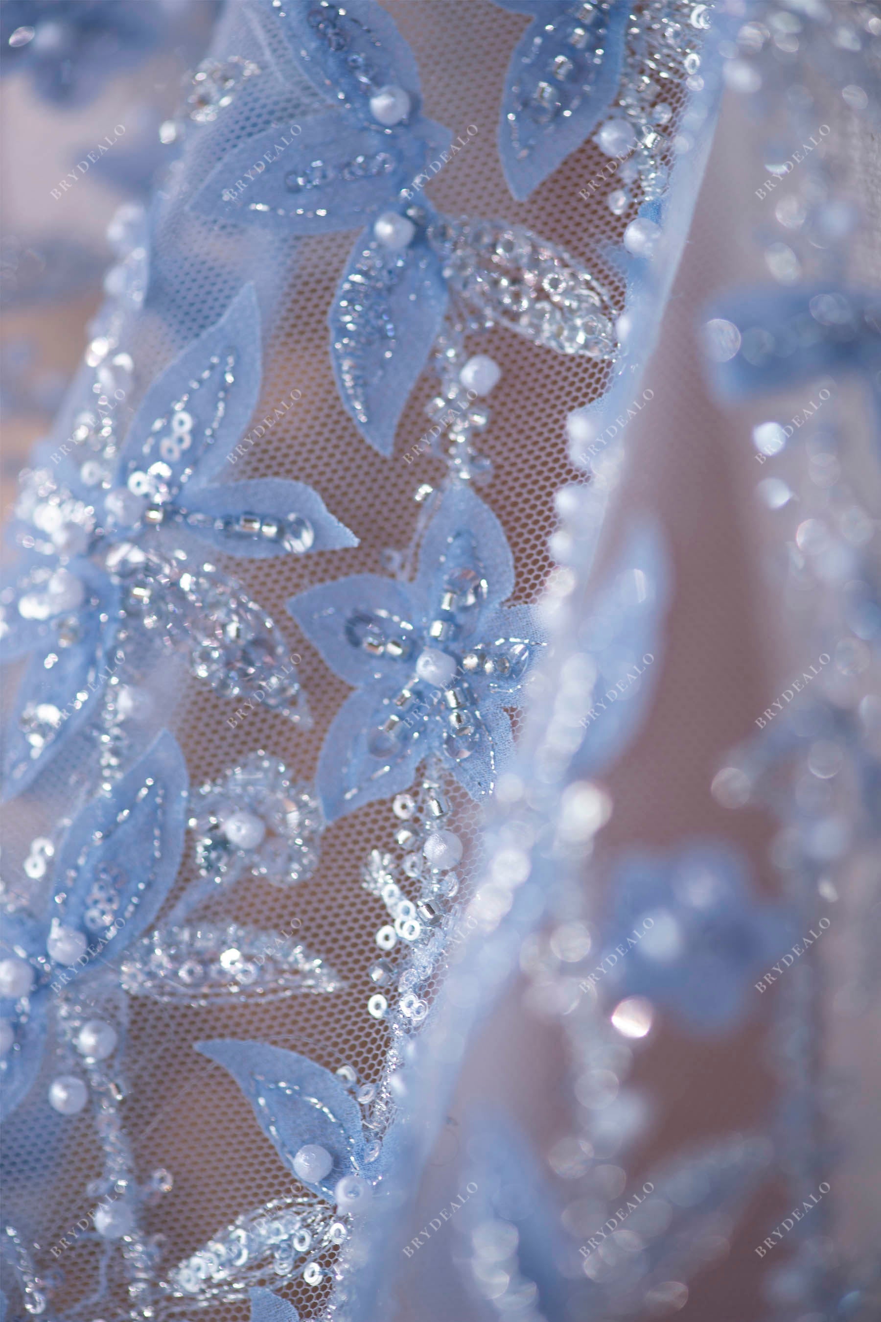 Best Blue Designer Beaded 3D Leaf Lace Fabric For Dresses