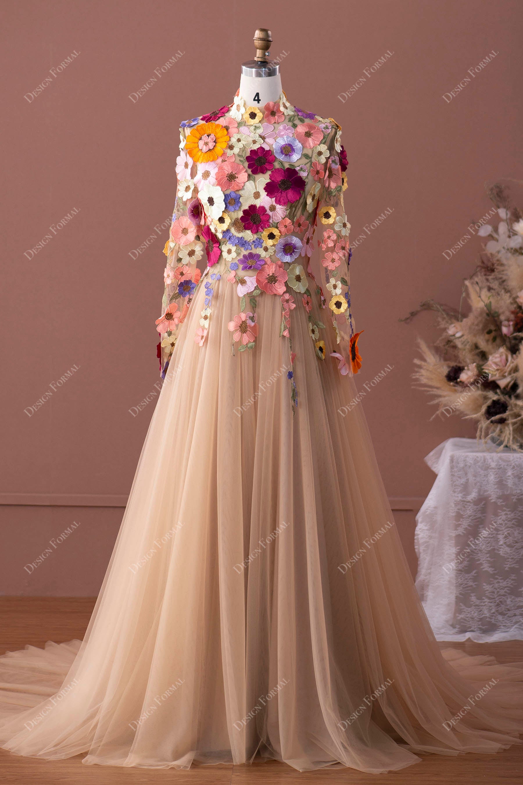 Designer Colorful Wild Flowers Fairytale Sleeved A-Line Wedding Dress Designer Colorful Wild Flowers Fairytale Sleeved A-Line Wedding Dress