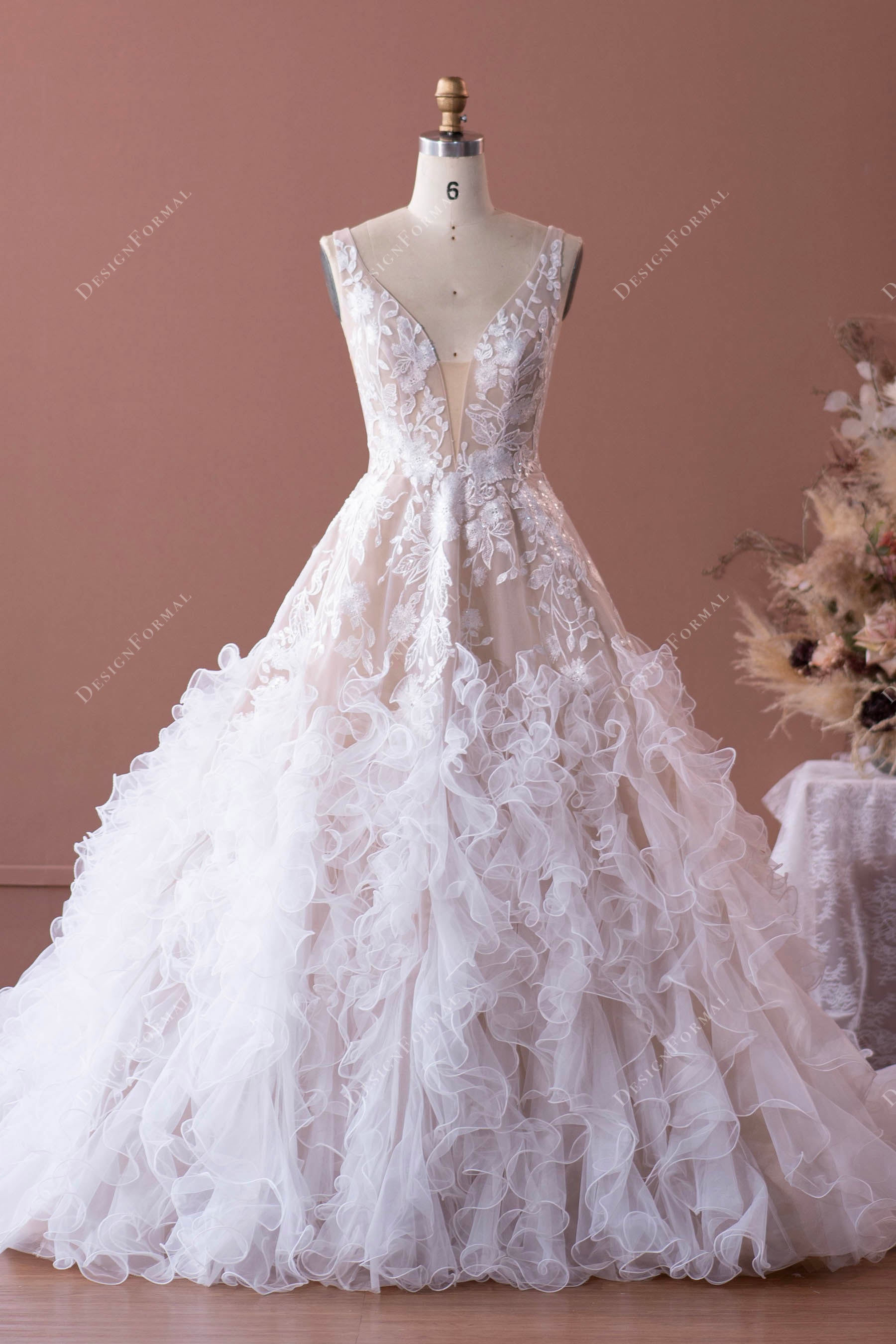 Designer Flower Lace Ruffled Tulle Puffy Warm Beige Wedding Dress, White Designer Flower Lace Ruffled Tulle Puffy Warm Beige Wedding Dress, White