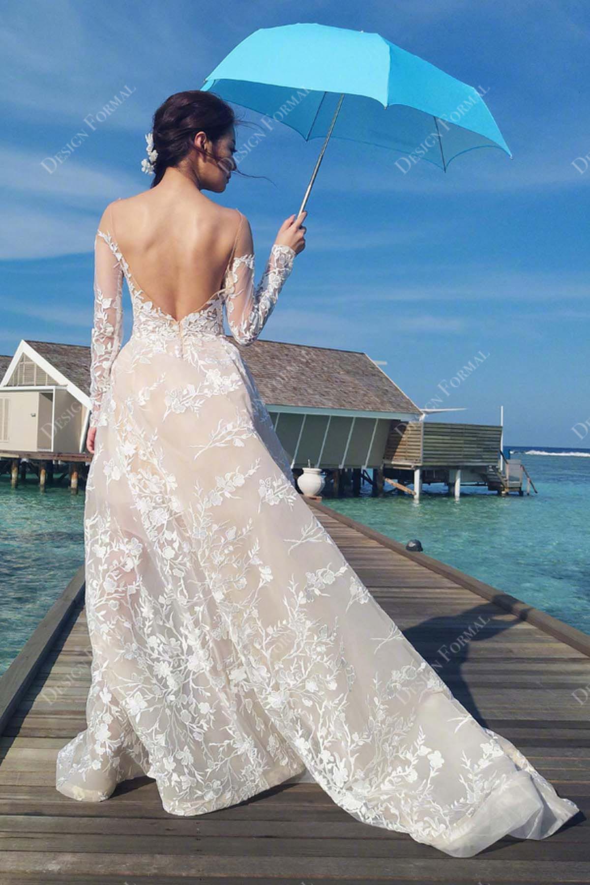 Designer Lace Illusion Off Shoulder Champagne A-line Beach Bridal Gown, White Designer Lace Illusion Off Shoulder Champagne A-line Beach Bridal Gown, White