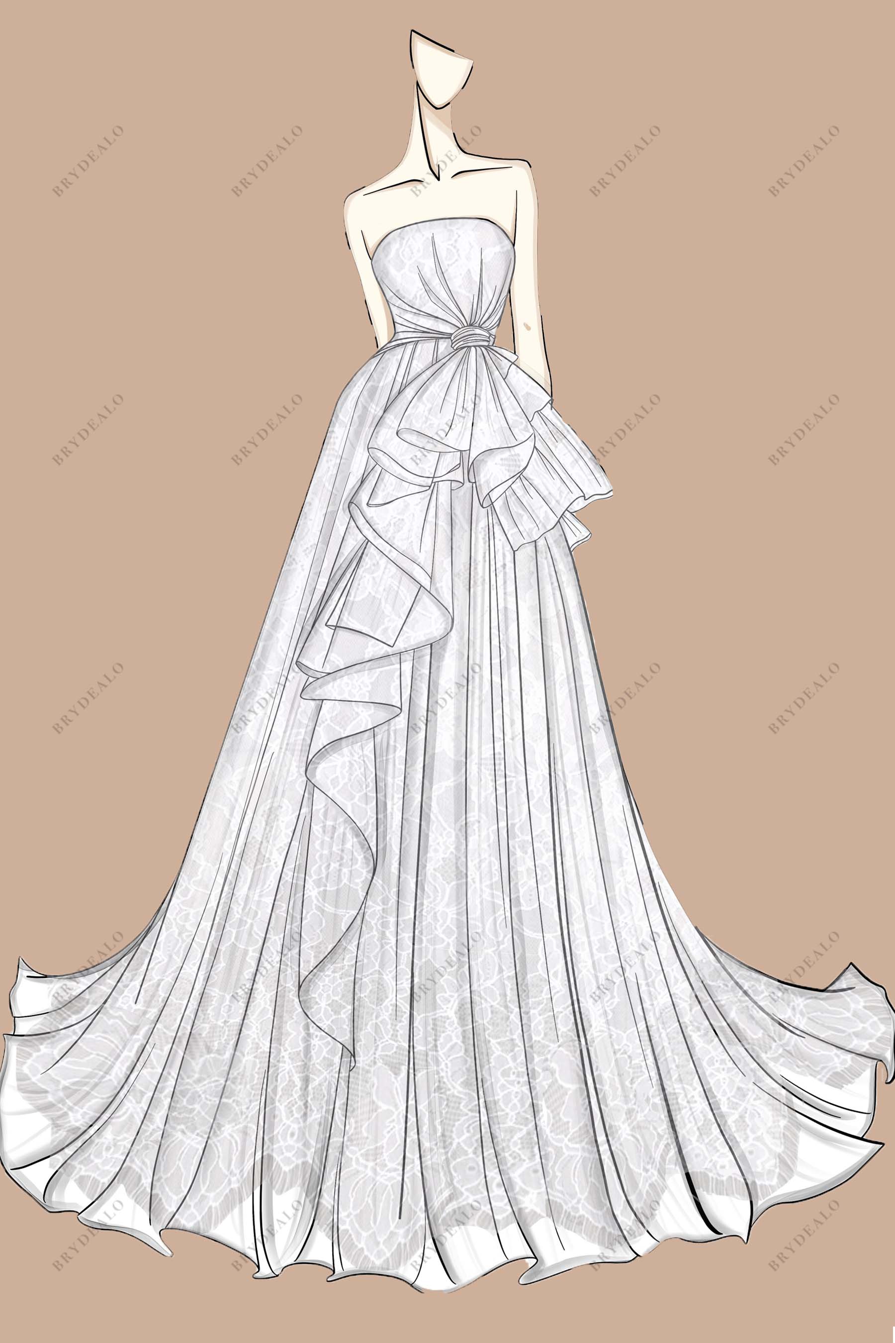 dresses sketch Strapless Designer Lace A-line Ruffled Bridal Gown Sketch, The Shown Sketch