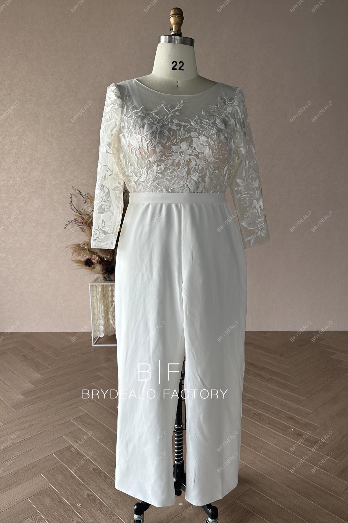 Designer Lace Sheer Long Sleeves Crepe Bridal Jumpsuit
