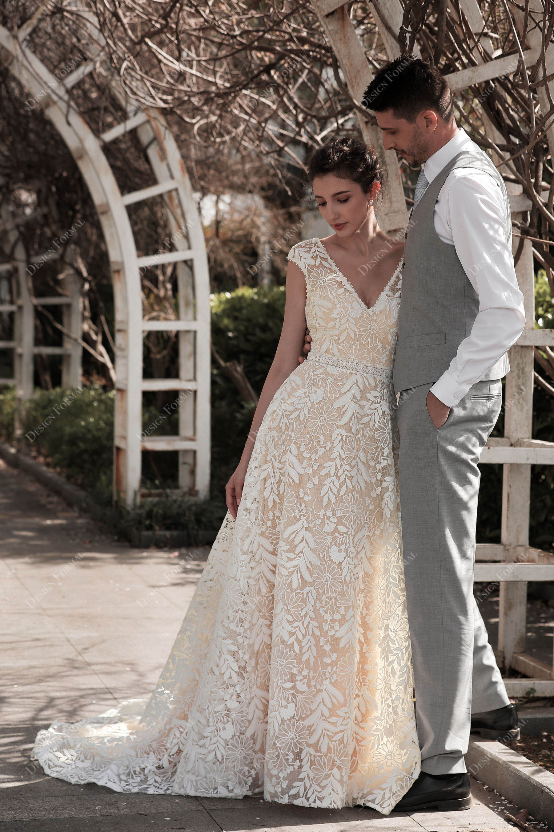 Lace a line wedding 2024 dress with cap sleeves