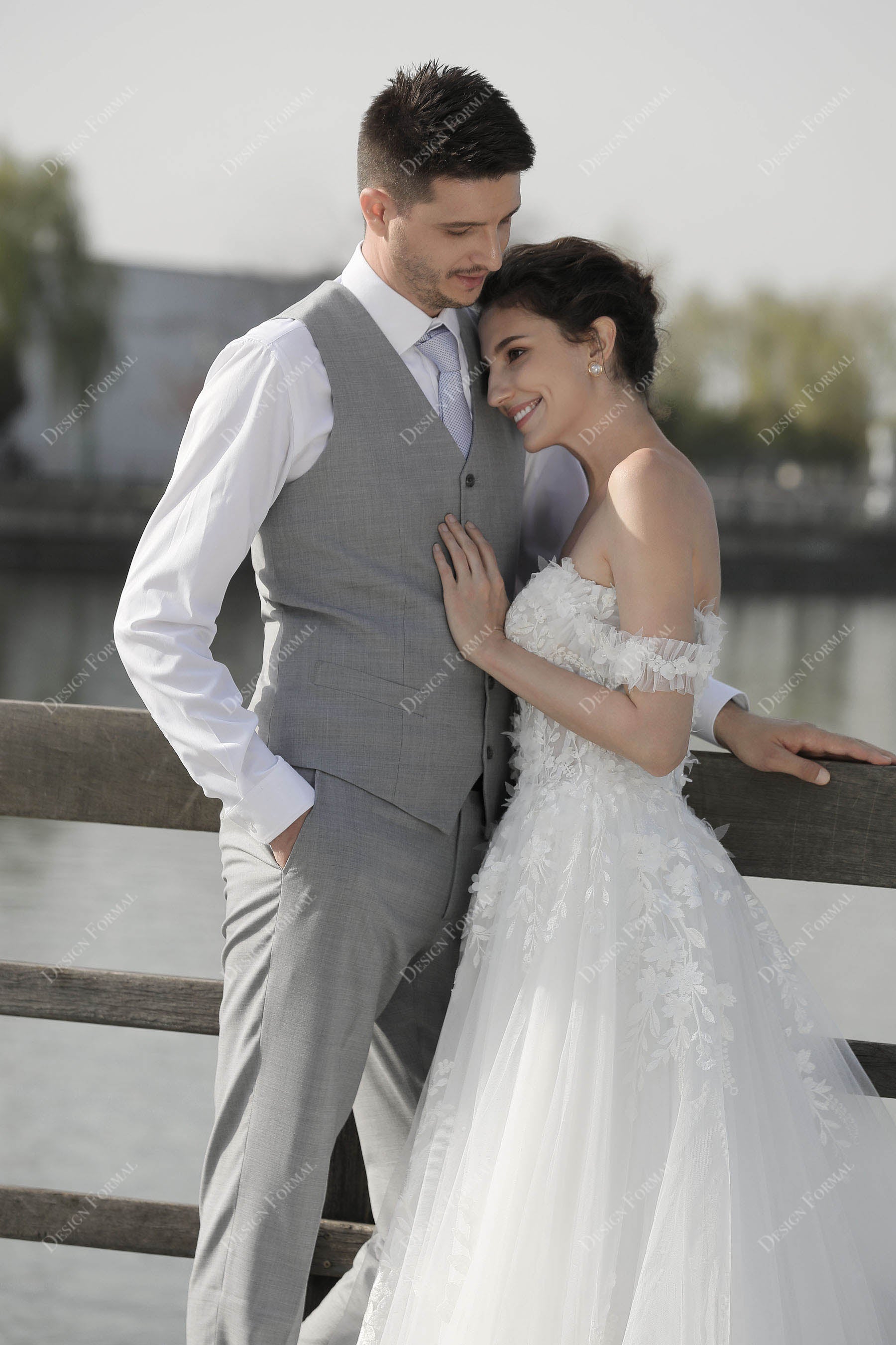 designer lace off shoulder bridal gown