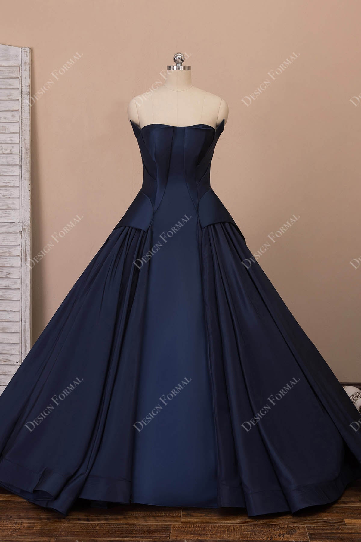 Designer Navy Satin Strapless Panels Ball Gown Prom Dress