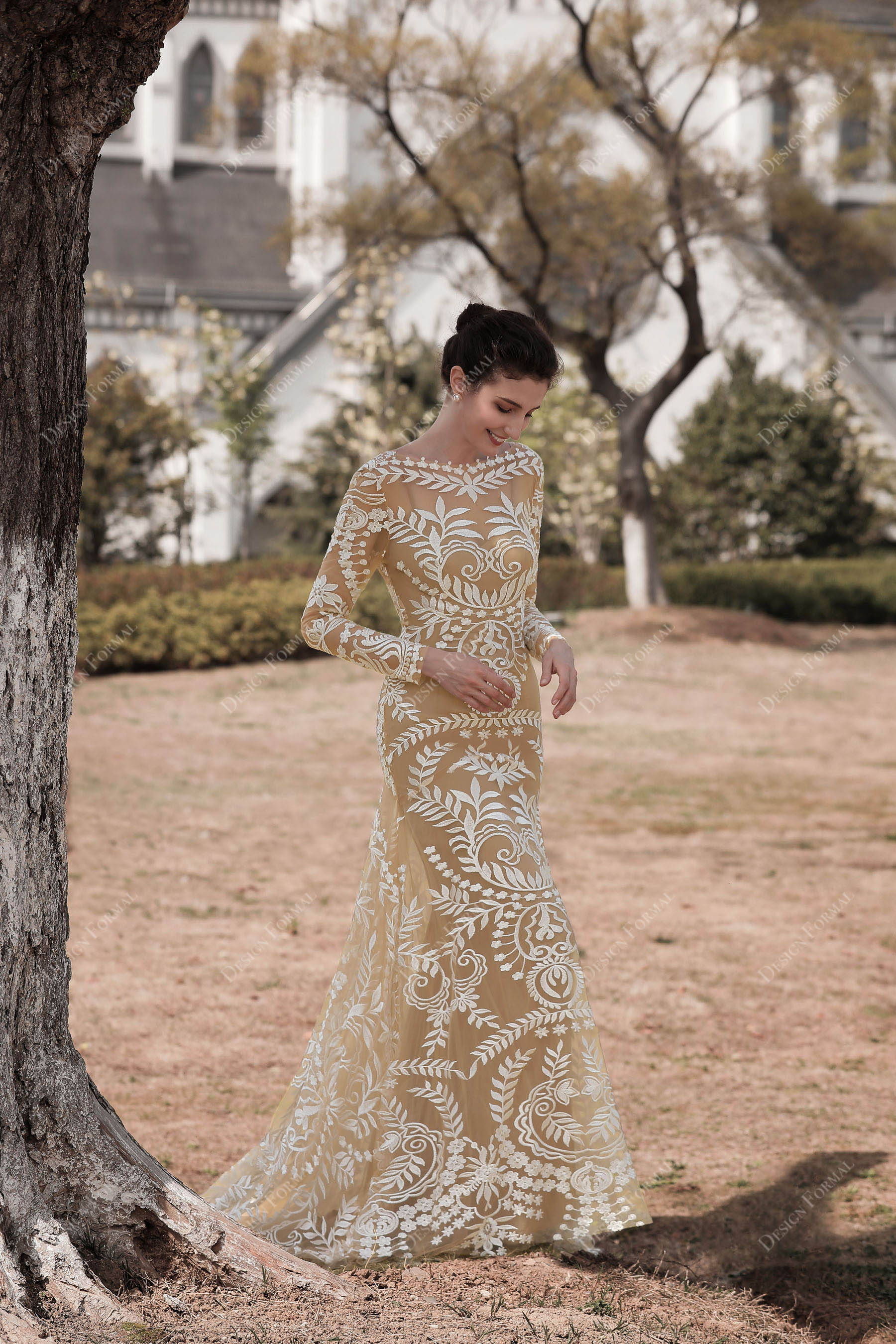 designer sheer long sleeves mermaid bridal dress