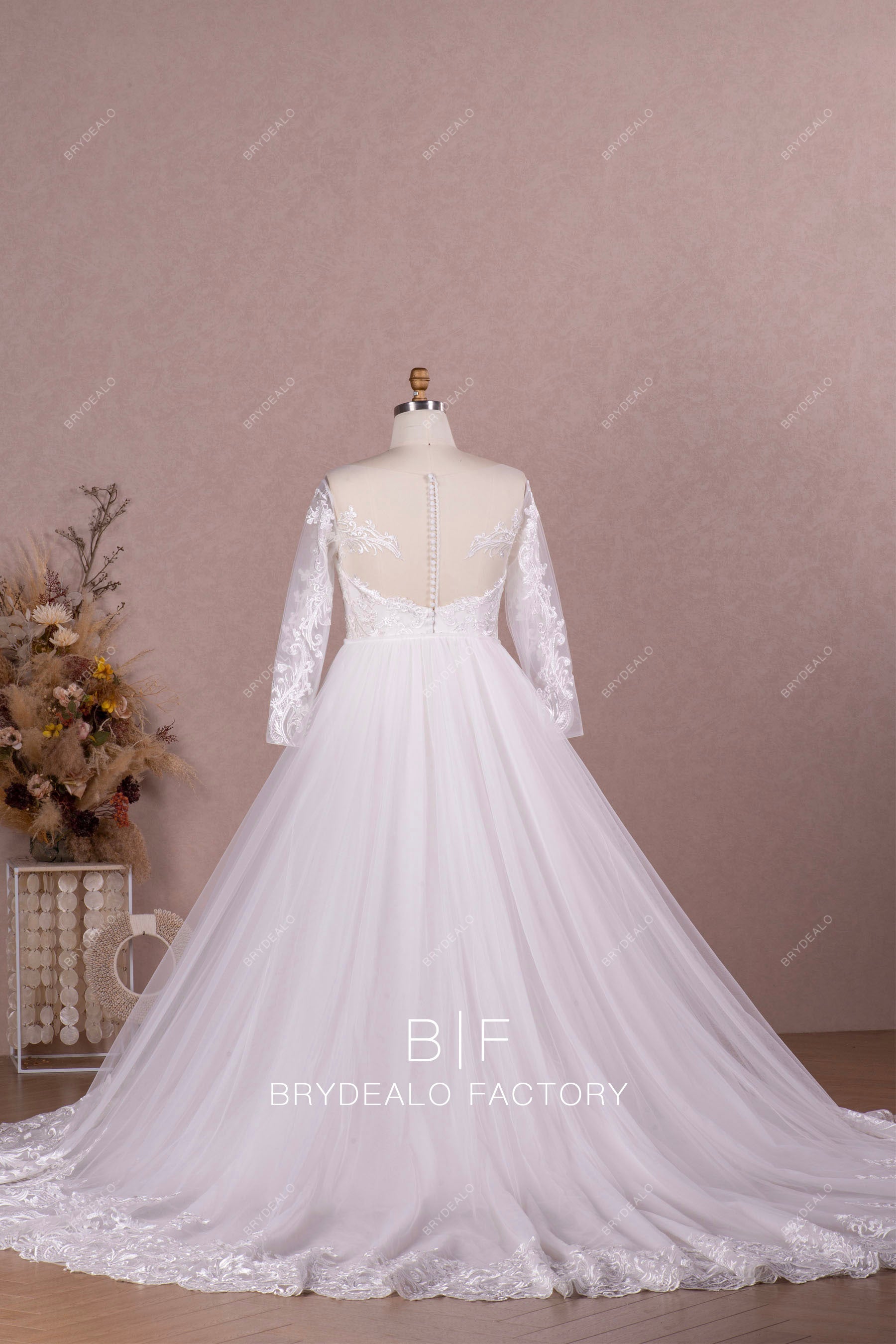 luxury long train modern lace plus size wedding dress