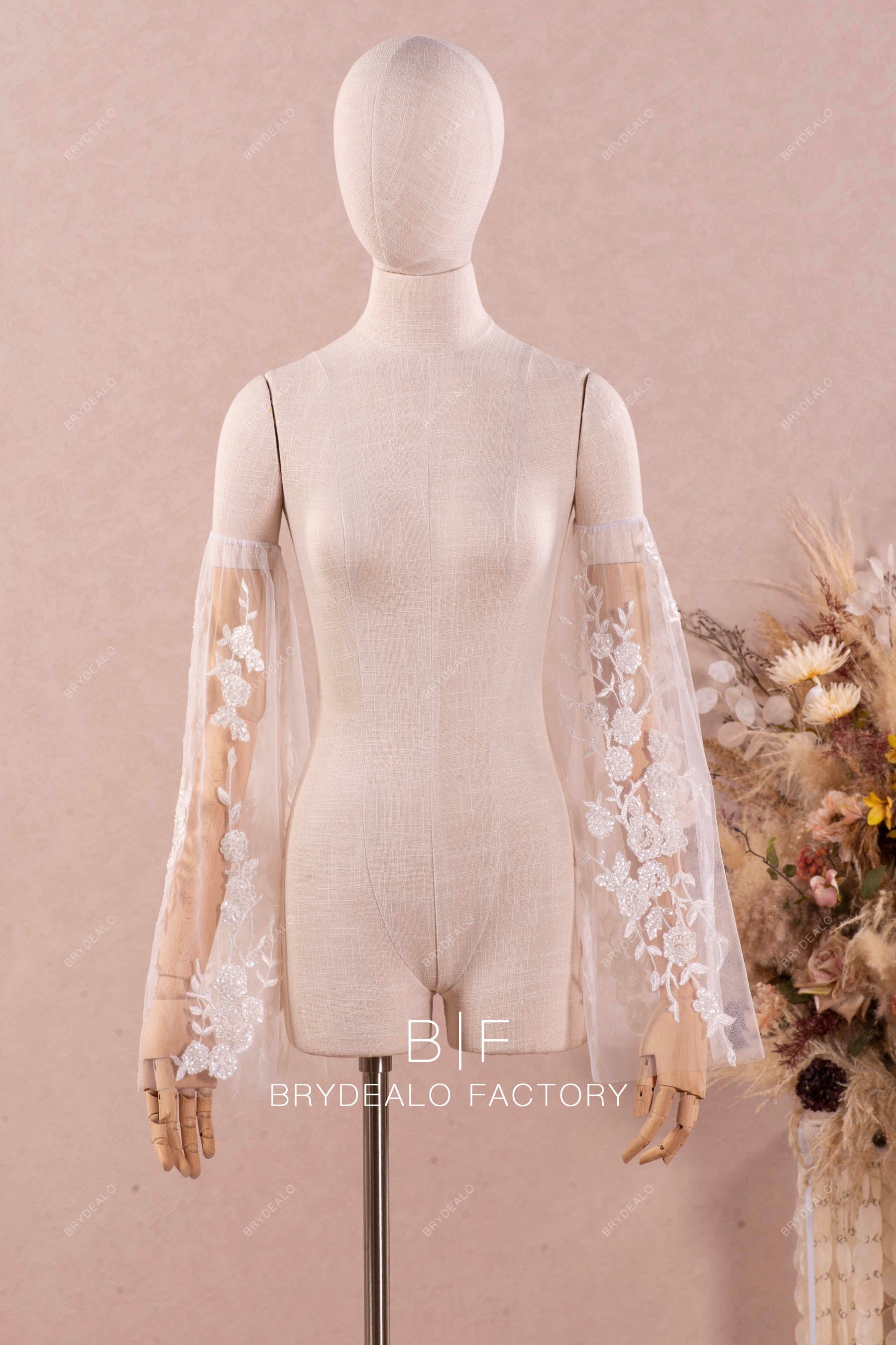 Removable Shimmery Flower Lace Bridal Bell Sleeves Online Removable Shimmery Flower Lace Bridal Bell Sleeves Online