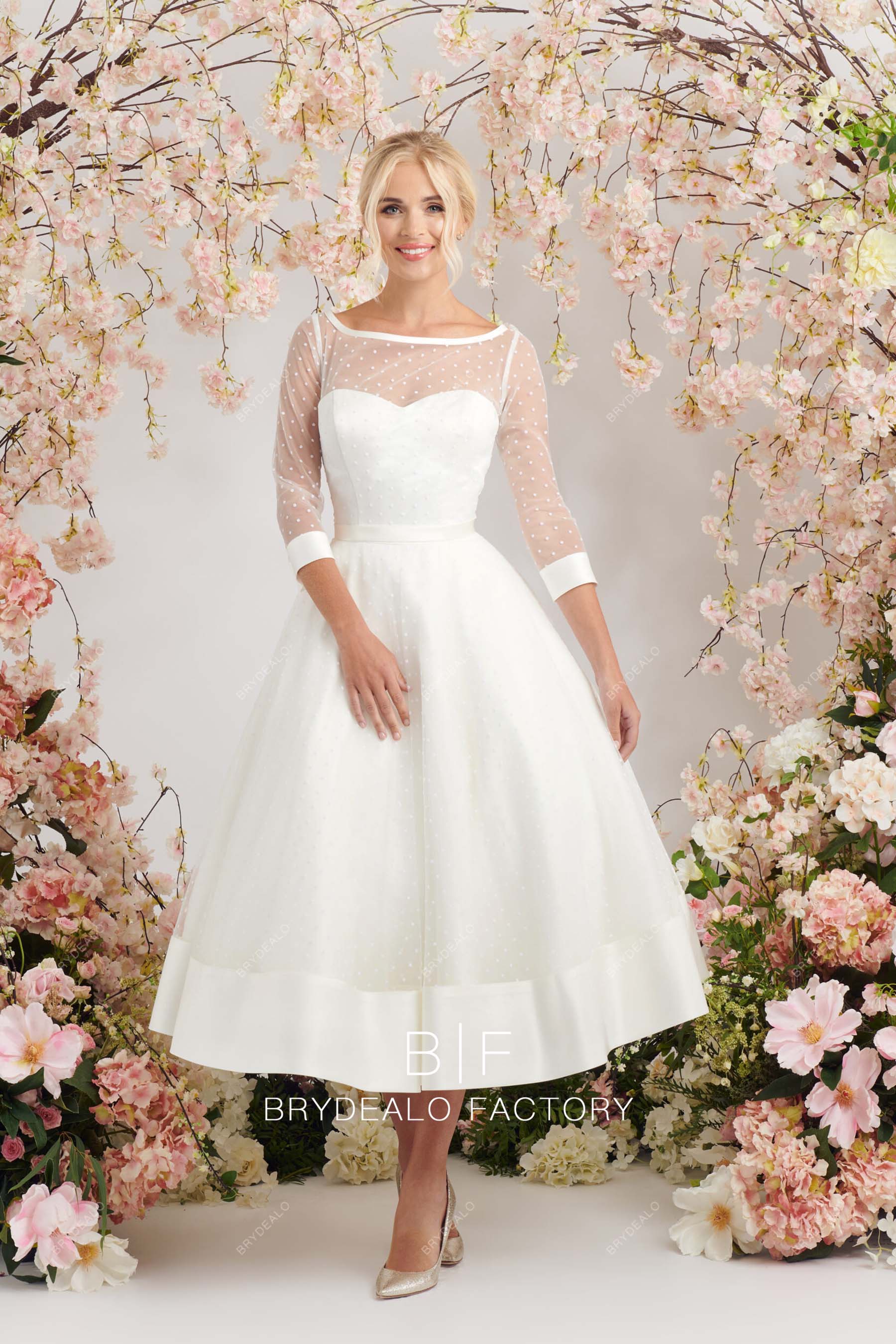 Vintage Dot Tulle 3/4 Sleeves Illusion Neck Tea-Length Wedding Gown Vintage Dot Tulle 3/4 Sleeves Illusion Neck Tea-Length Wedding Gown