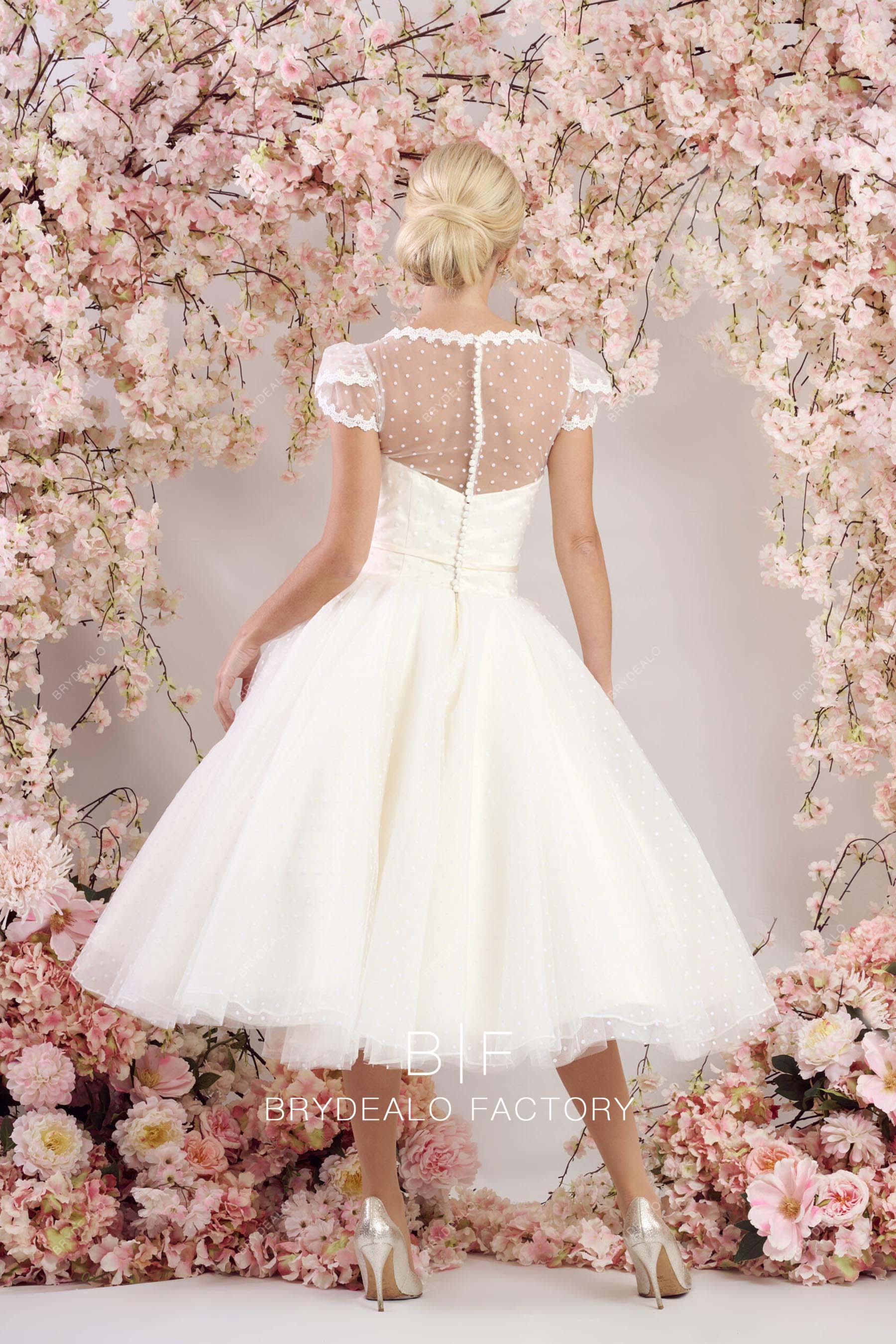 designer dotted tulle illusion back short wedding dress