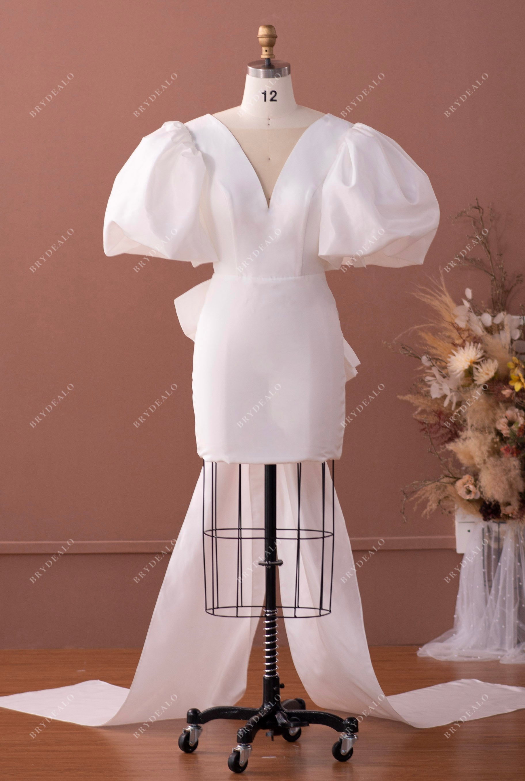 knee length dresses for ladies Bubble Sleeve Short Taffeta V-Neck Bodycon Prom Informal Bridal Dress