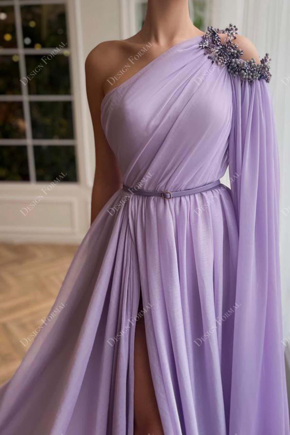 draped chiffon purple formal gown