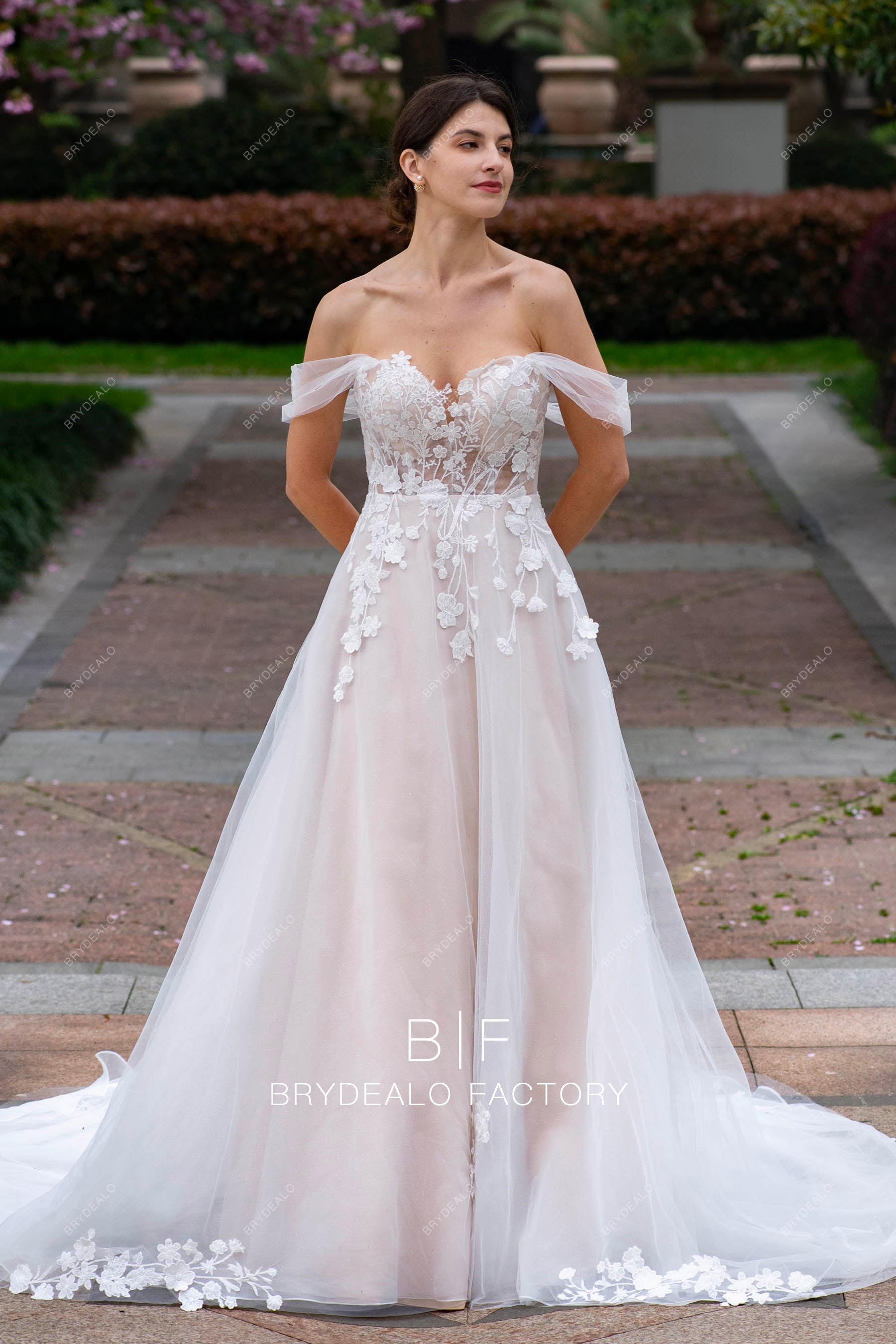 Romantic Off Shoulder Flower Lace Nude Garden A-line Wedding Dress, Light Ivory Romantic Off Shoulder Flower Lace Nude Garden A-line Wedding Dress, Light Ivory