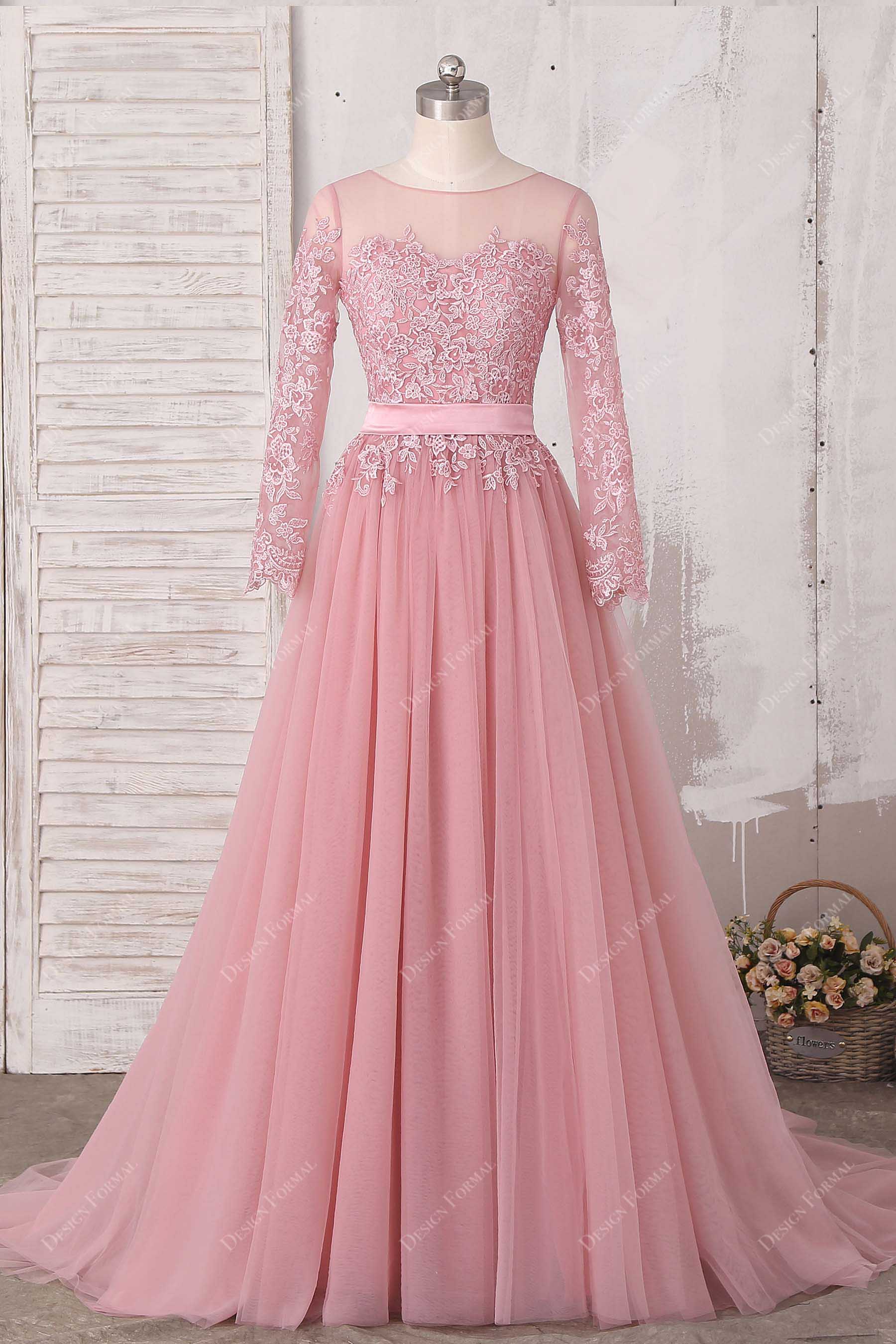Dusty Pink Lace Tulle Sheer Long Sleeves Elegant Evening Prom Dress Dusty Pink Lace Tulle Sheer Long Sleeves Elegant Evening Prom Dress